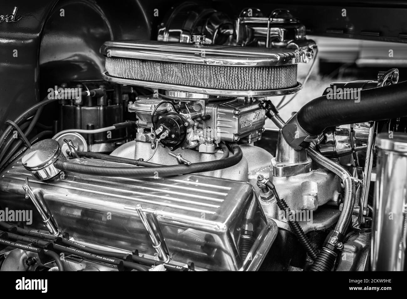 DIEDERSDORF, GERMANY - AUGUST 30, 2020: The engine of vintage car Chevrolet, 1930. Black and white. The exhibition of 'US Car Classics'. Stock Photo