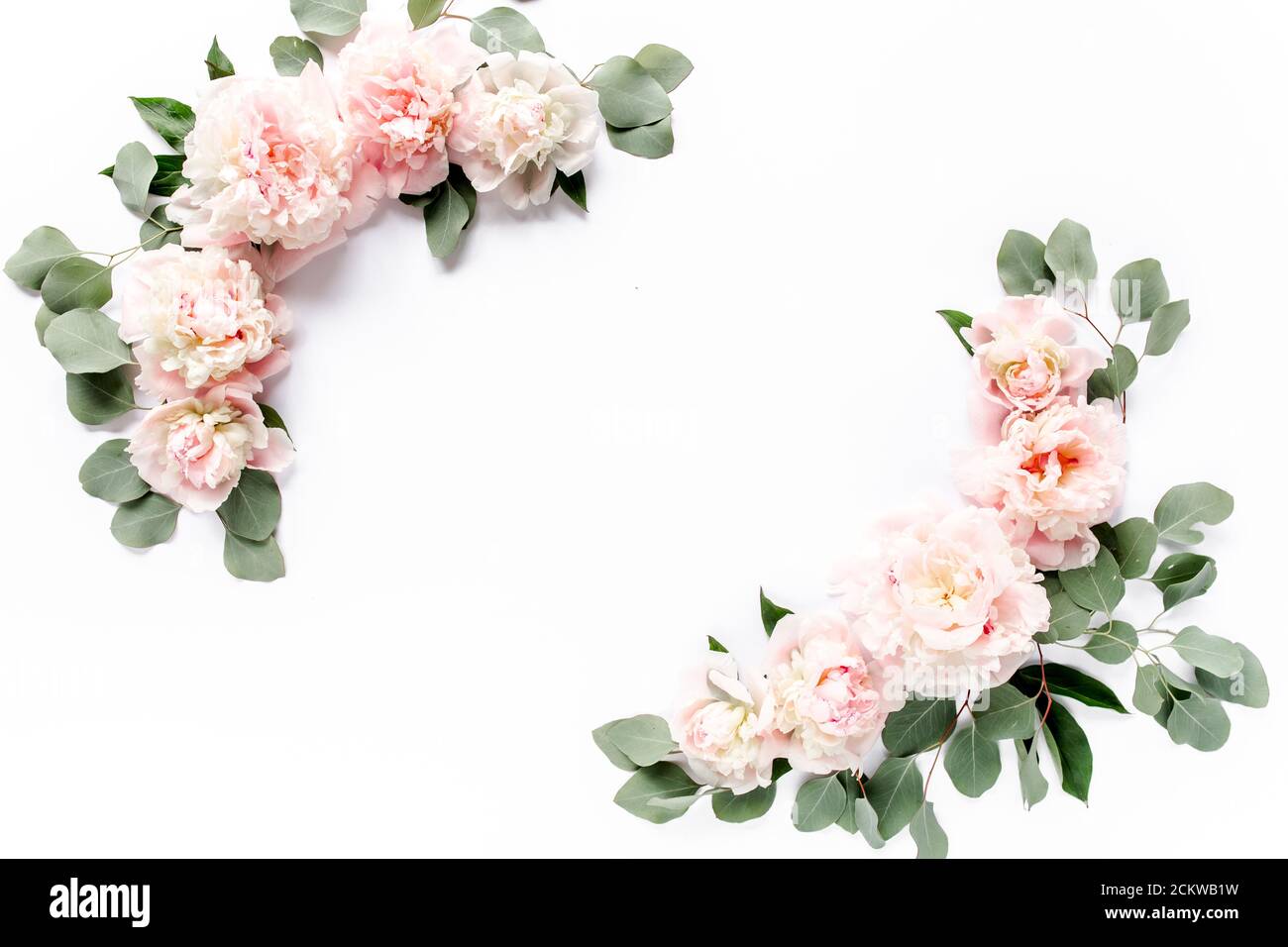 frame made of beautiful pink peonies on wooden white background. Flat ...