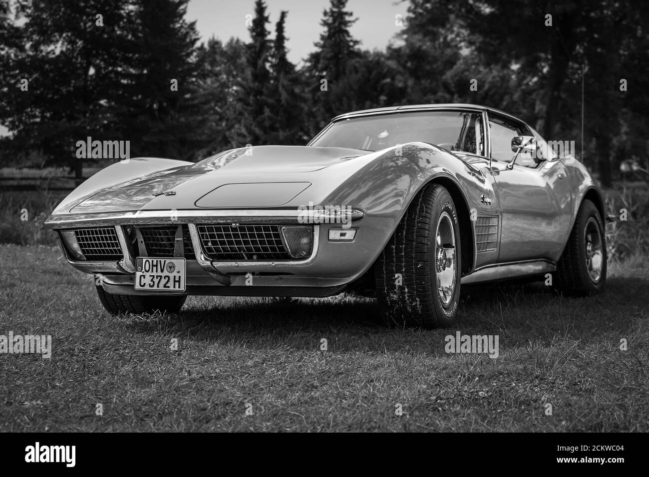 DIEDERSDORF, GERMANY - AUGUST 30, 2020: The sports car Chevrolet Corvette Stingray Coupe, 1972. Black and white. The exhibition of 'US Car Classics'. Stock Photo