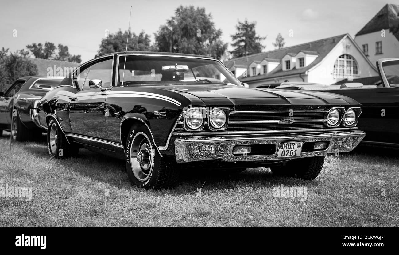 DIEDERSDORF, GERMANY - AUGUST 30, 2020: The mid-size car Chevrolet Chevelle, 1969. Black and white. The exhibition of 'US Car Classics'. Stock Photo