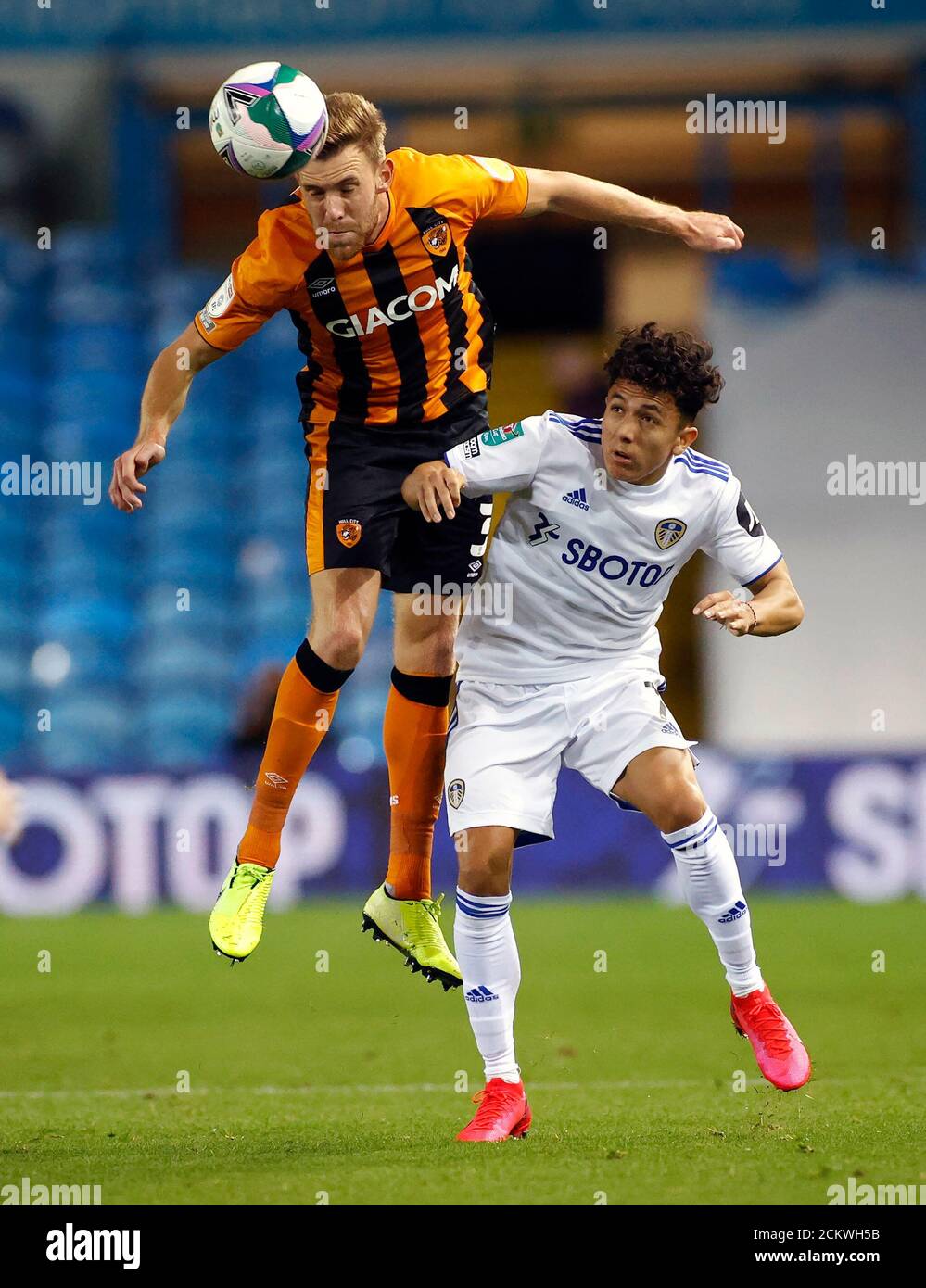 Hull City's Callum Elder (left) and Leeds United's Ian Poveda-Ocampo ...
