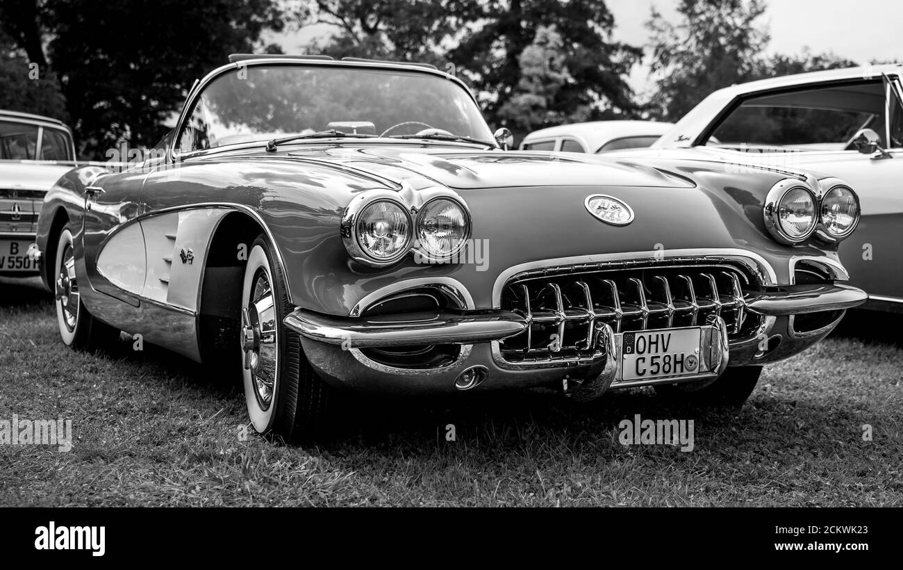 DIEDERSDORF, GERMANY - AUGUST 30, 2020: The sports car Chevrolet Corvette (C1), 1958. Black and white. The exhibition of 'US Car Classics'. Stock Photo