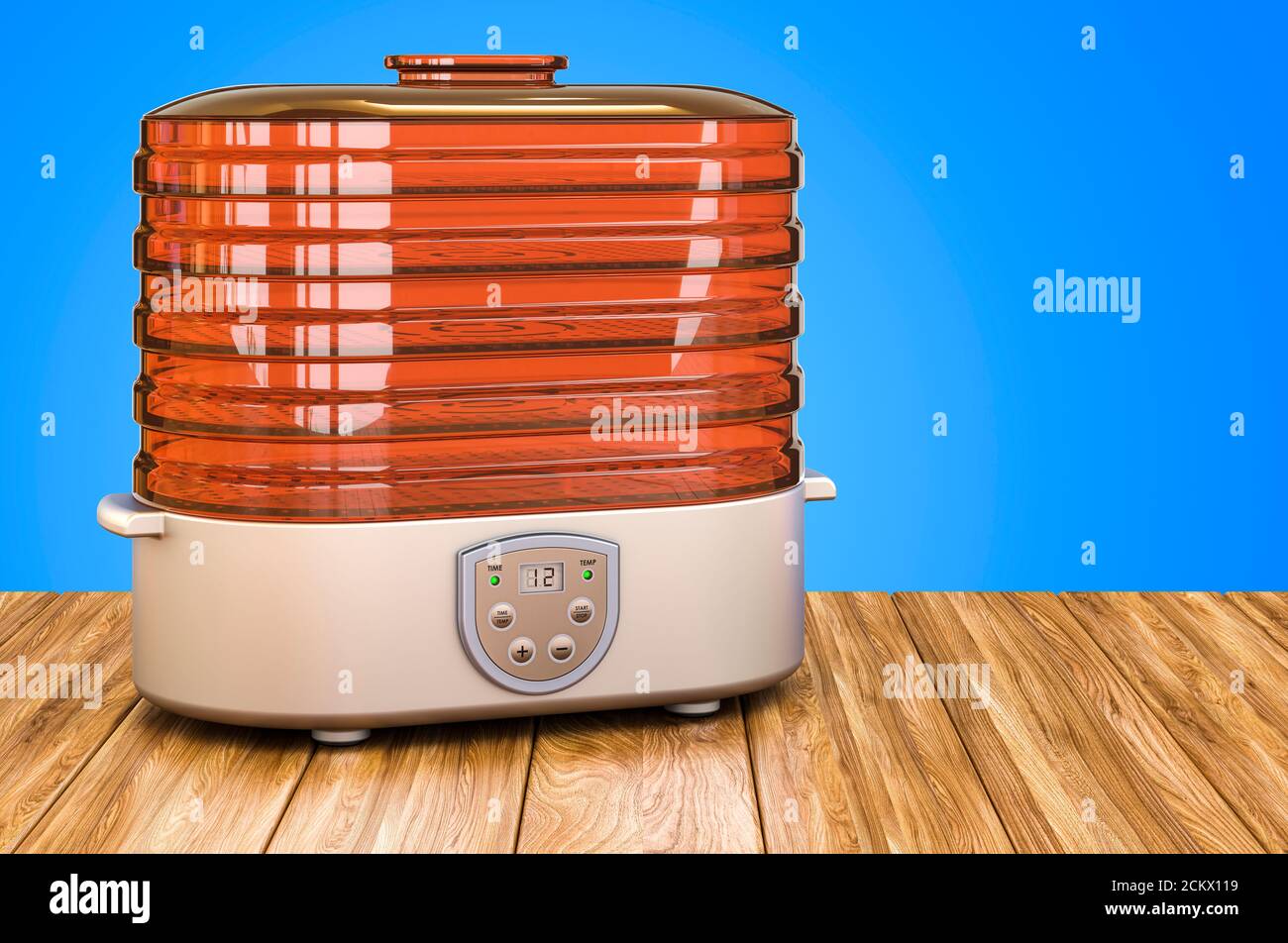 https://c8.alamy.com/comp/2CKX119/electric-food-dehydrator-on-the-wooden-table-3d-rendering-2CKX119.jpg