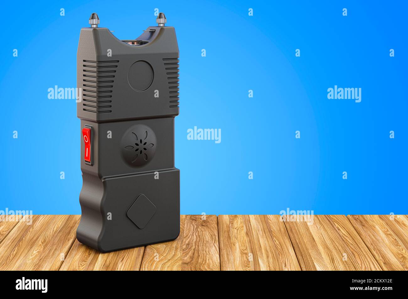 Stun Gun, electroshock weapon on the wooden table. 3D rendering Stock