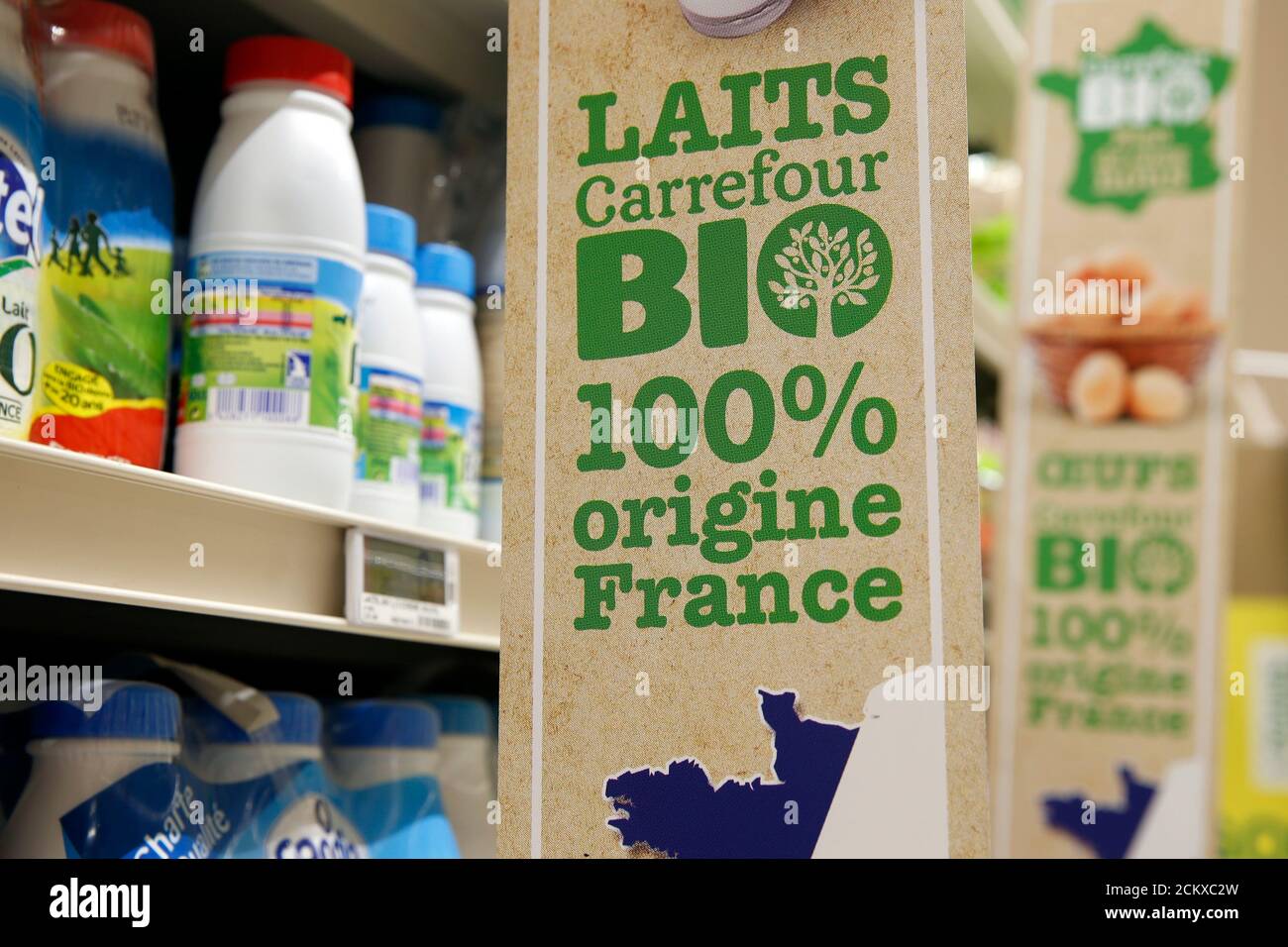 Organic products are displayed in the Bio foods section at the Carrefour  supermarket in Lille, France,