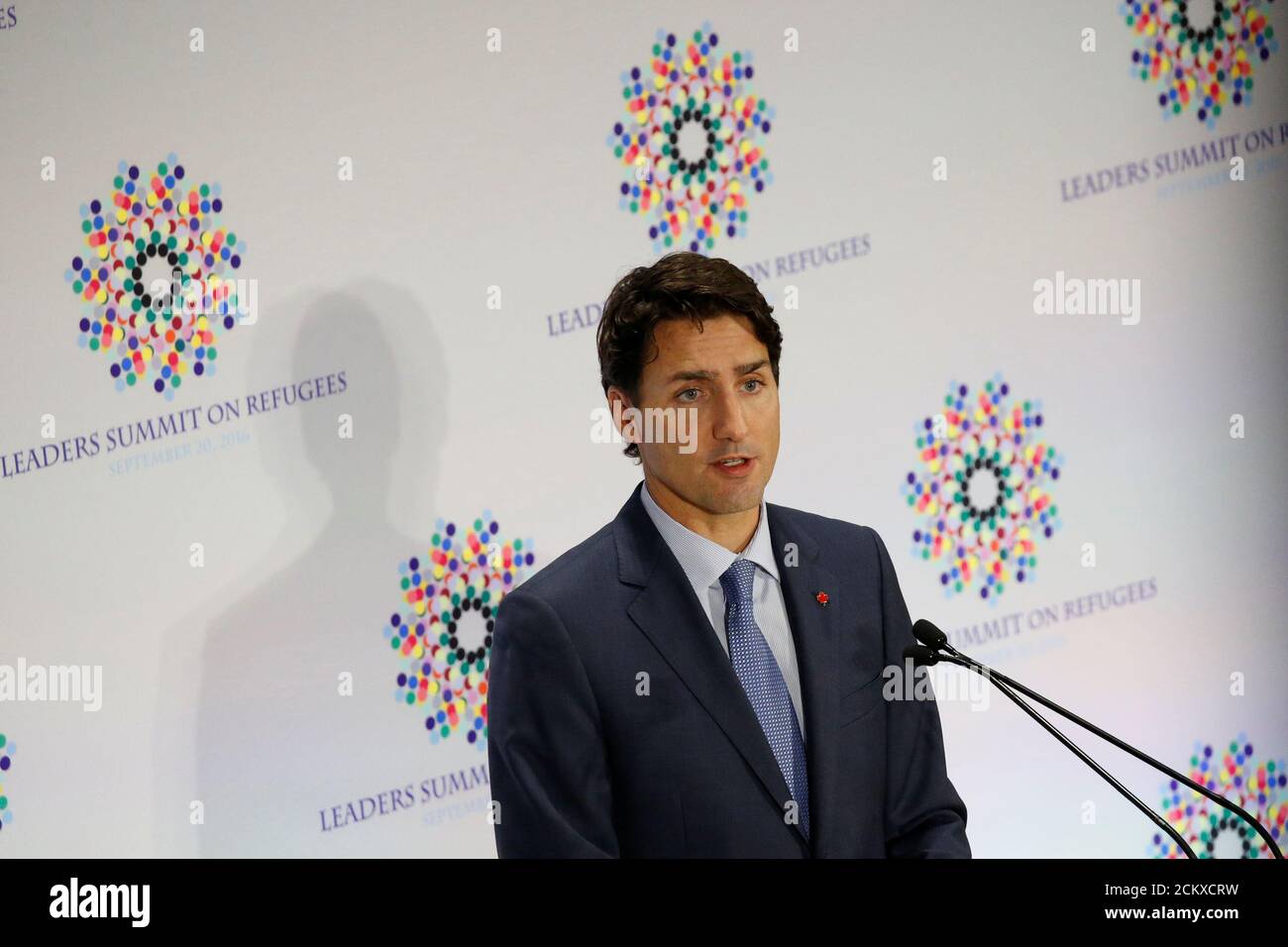 Canadian Prime Minister Justin Trudeau speaks during a High Level Leaders meeting on Refugees on the sidelines of the United Nations General Assembly at United Nations headquarters in New York City, U.S. September 20, 2016.  REUTERS/Brendan McDermid Stock Photo