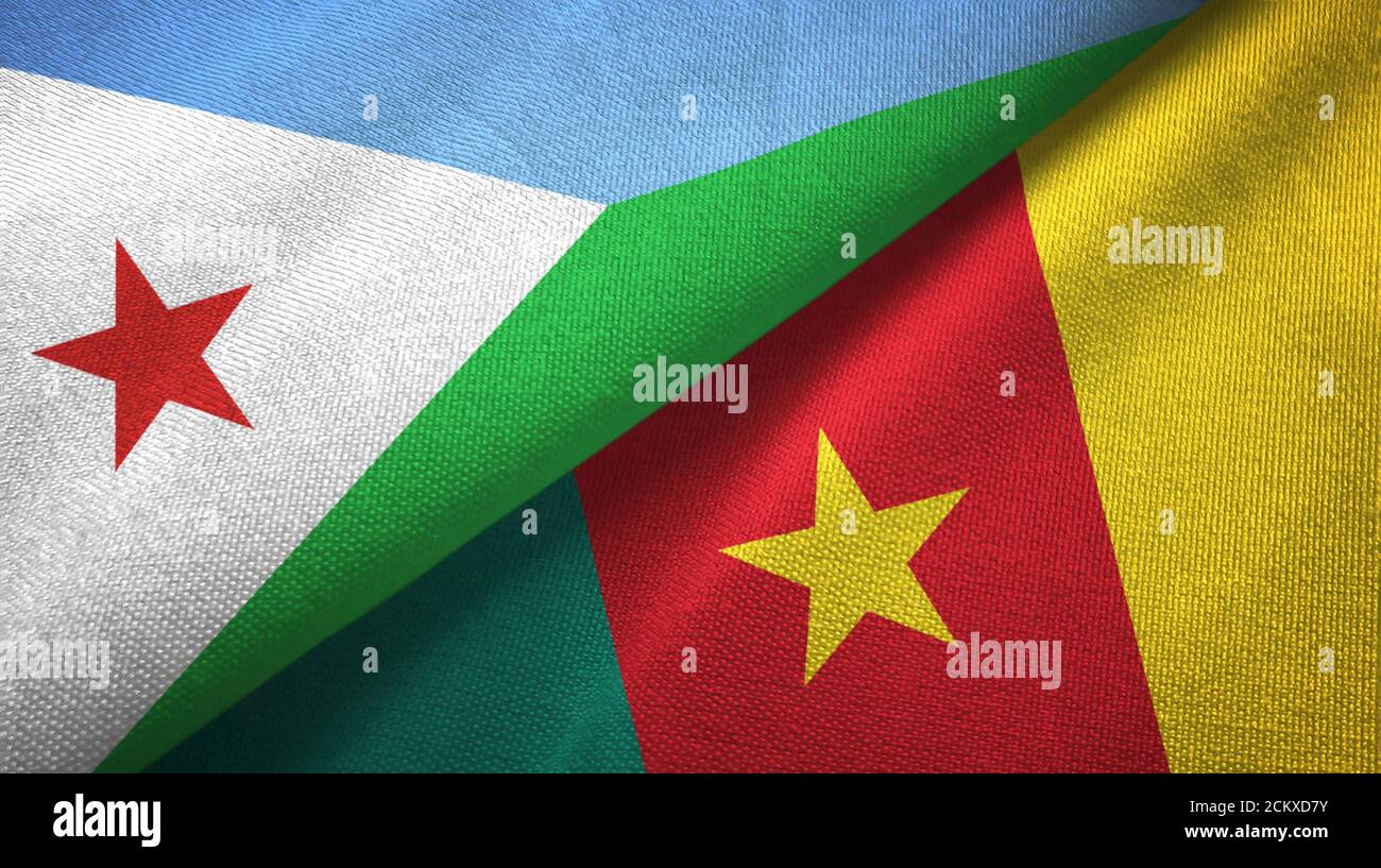 Djibouti and Cameroon two flags textile cloth, fabric texture Stock