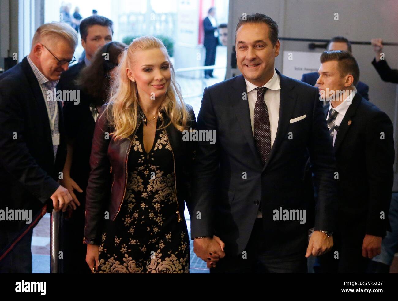 Top candidate and head of far-right Freedom Party (FPOe) Heinz-Christian  Strache and his wife Philippa Beck arrive for first TV statements after  Austria's general election in Vienna, Austria, October 15, 2017.  REUTERS/Heinz-Peter