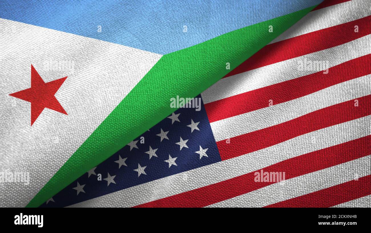 Djibouti and United States two flags textile cloth, fabric texture Stock Photo