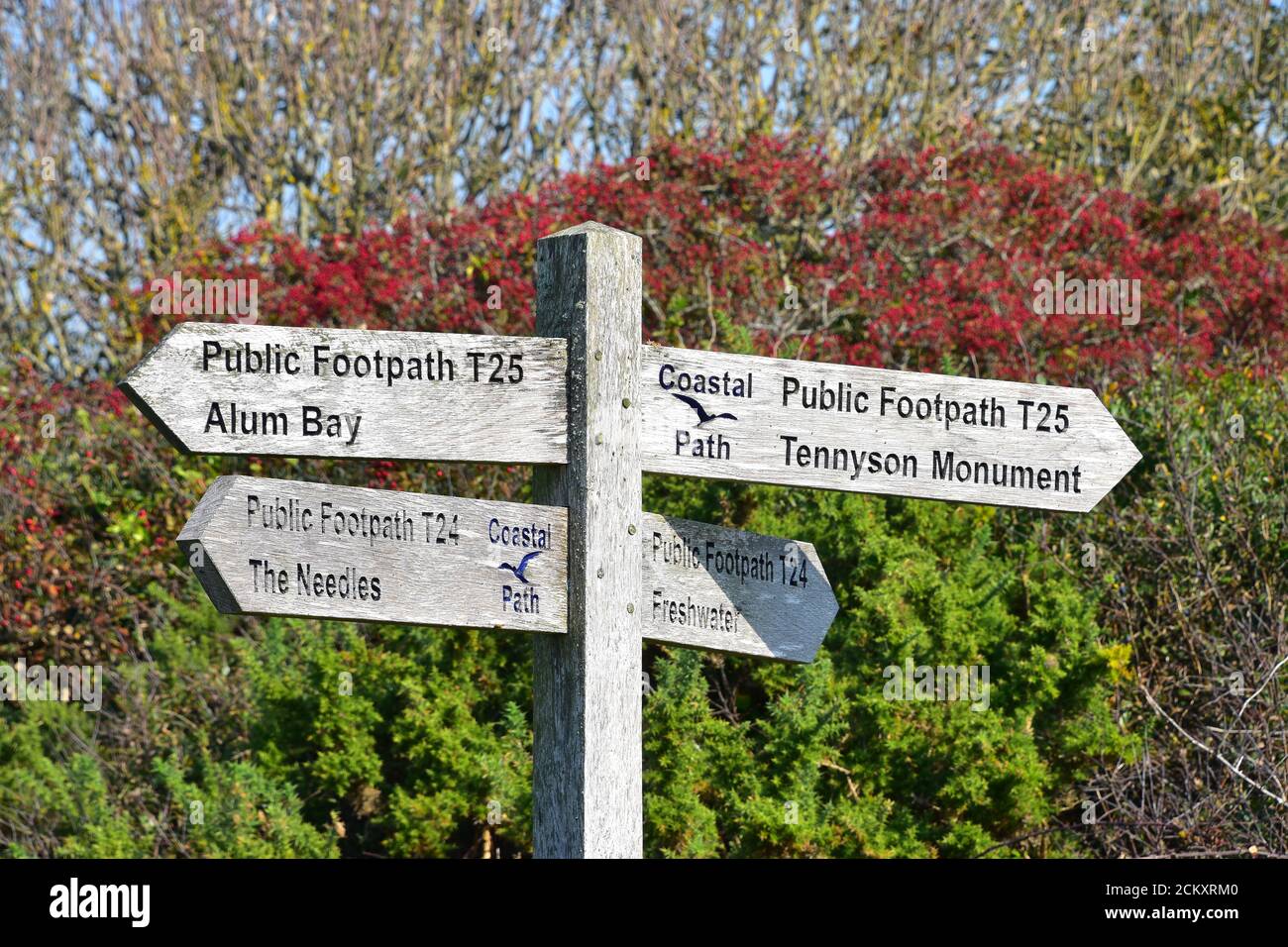 Coastal Path signpost, Tennyson Down, Isle of Wight Stock Photo