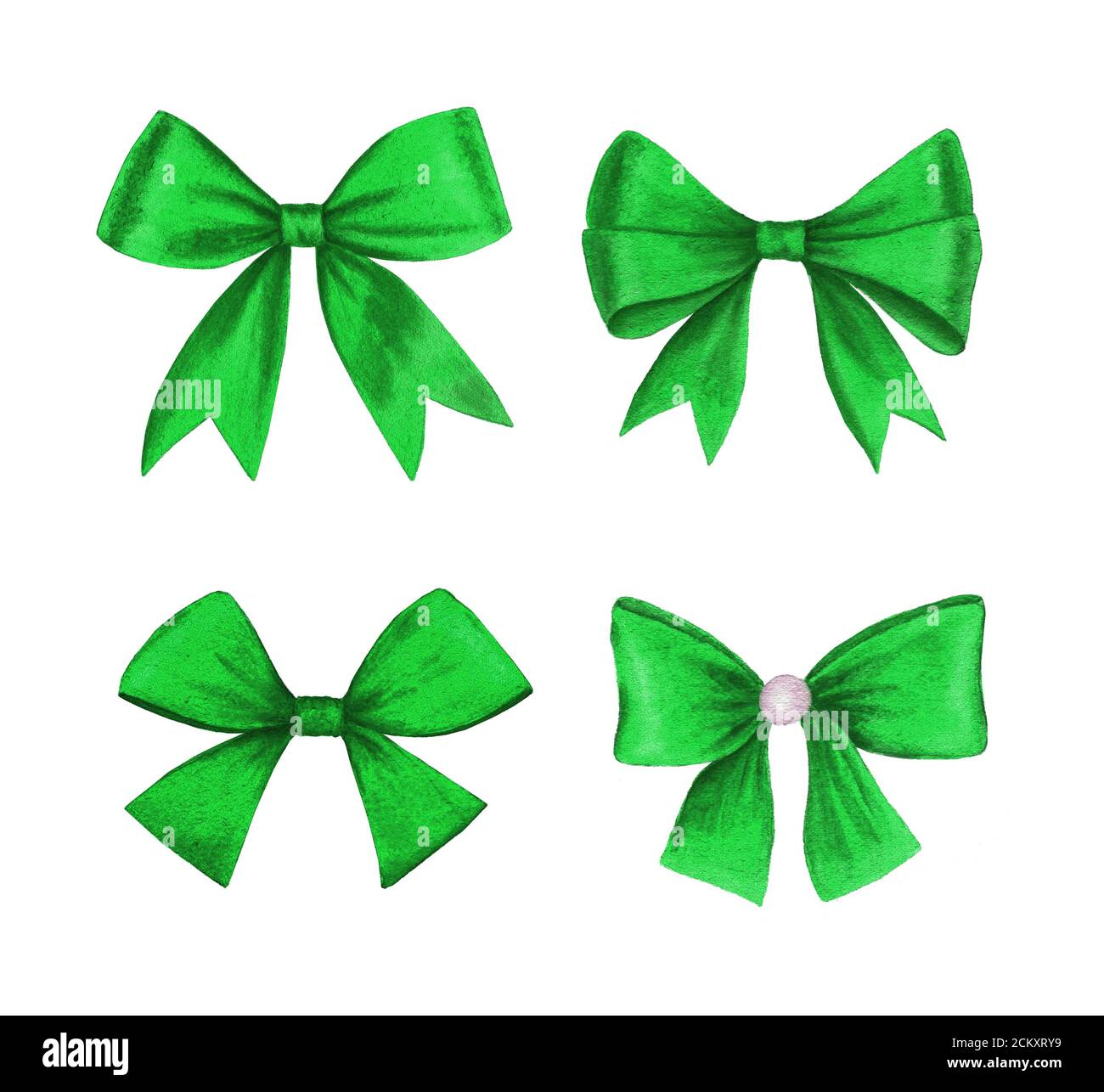 Vintage realistic green bow collection watercolor illustratio Stock