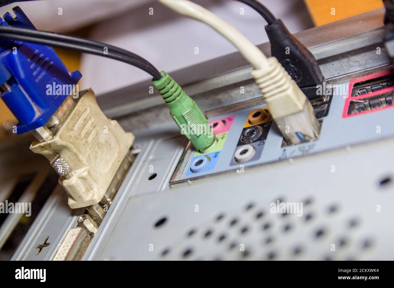 Computer system unit, wires Stock Photo Alamy