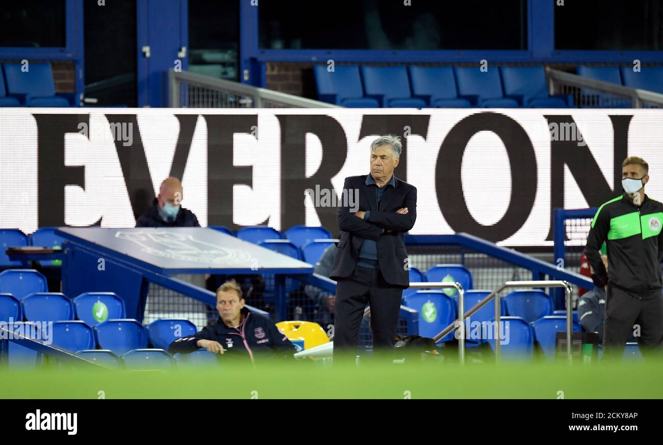 Everton manager Carlo Ancelotti on the touchline during the Carabao Cup second round match at Goodison Park, Liverpool. Stock Photo