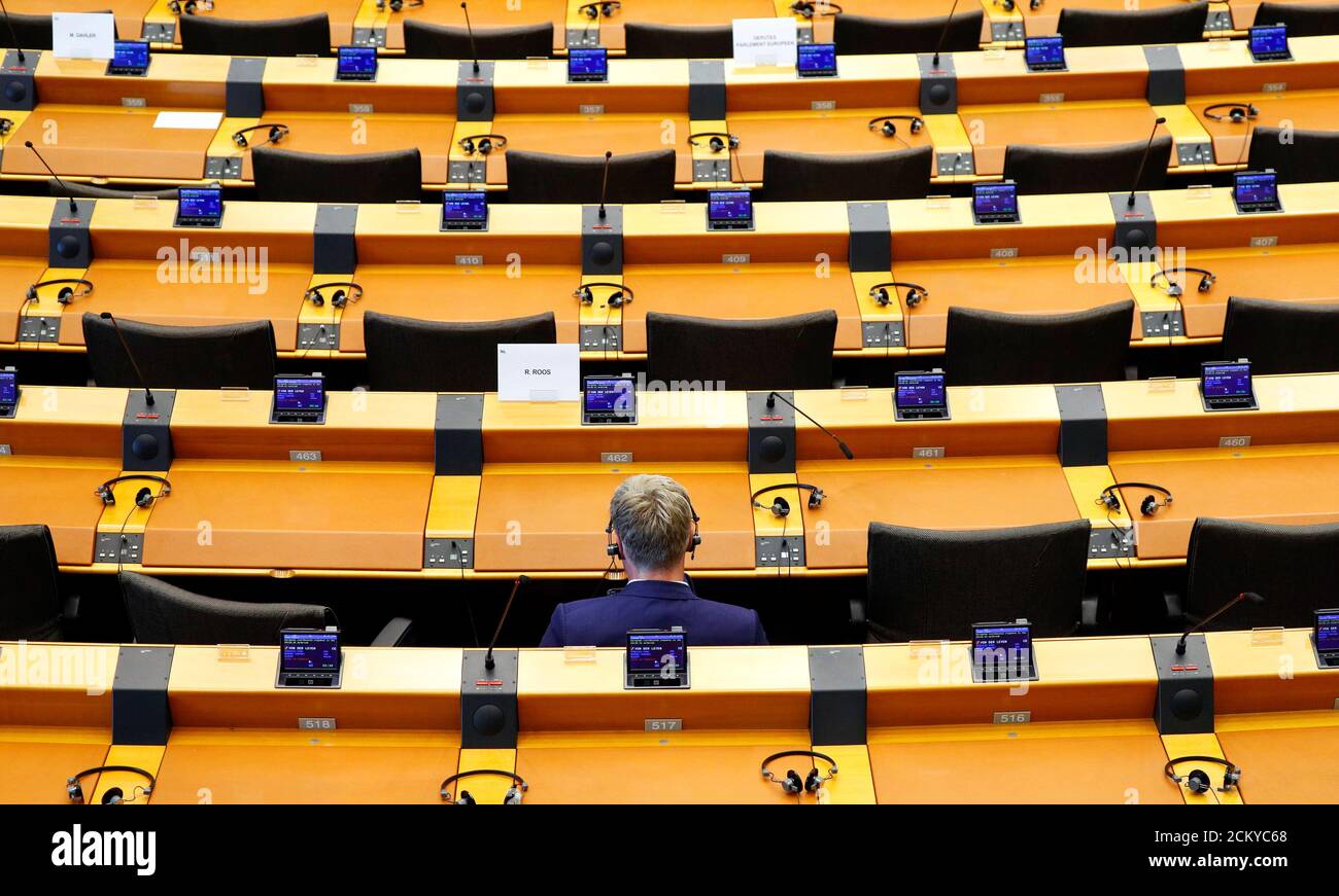 Dutch MEP Robert Roos attends a special session of the European Parliament to approve special measures to soften the sudden economic impact of coronavirus disease (COVID-19), in Brussels, Belgium March 26, 2020. REUTERS/Francois Lenoir Stock Photo