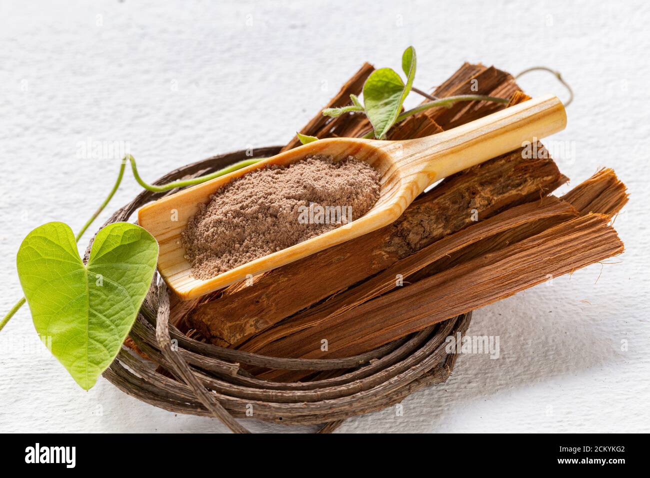 bark and powder of licorice medicinal plant, on white background