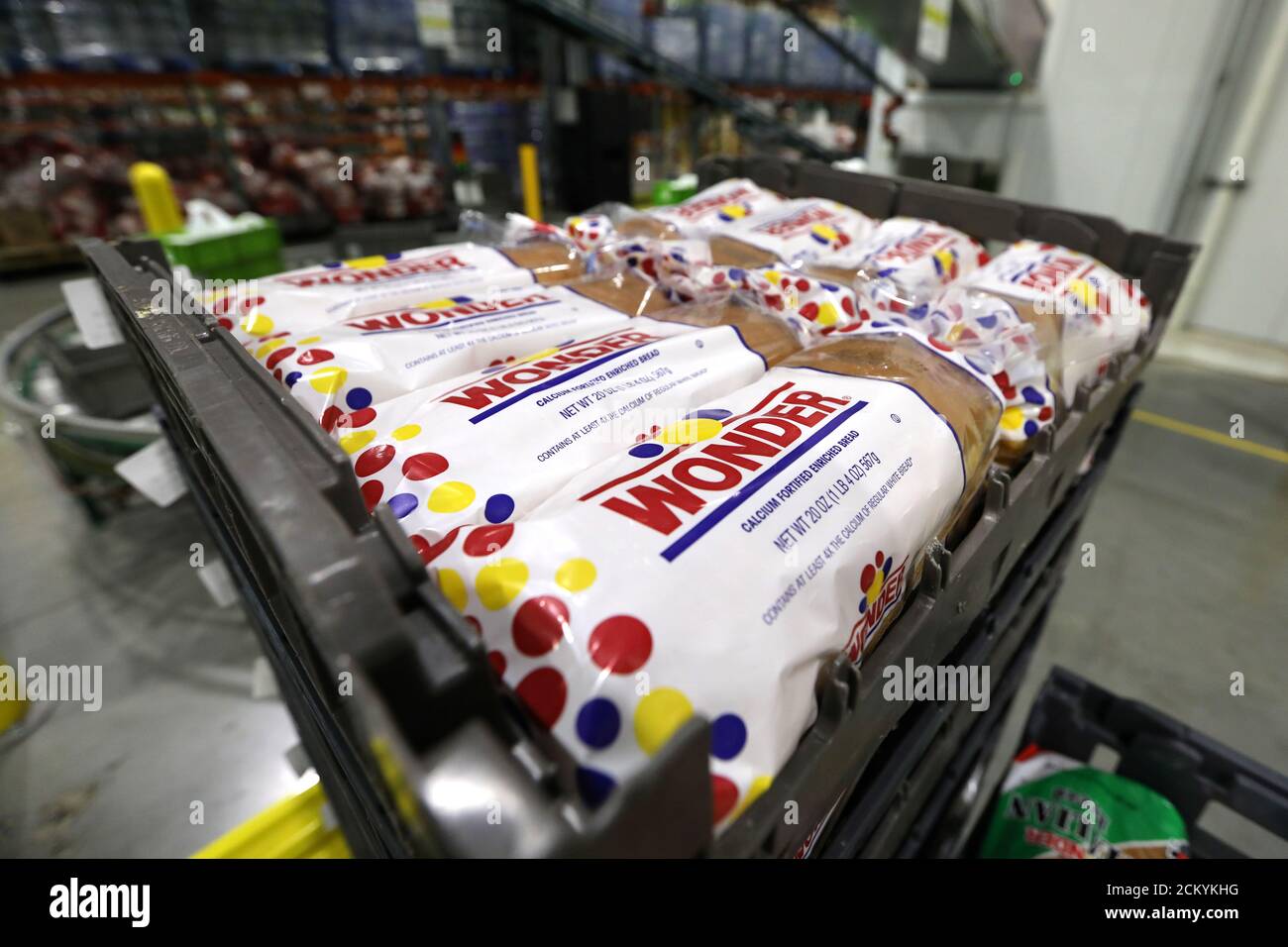 Wonder bread is seen inside a Peapod grocery distribution warehouse facility in Jersey City, New Jersey, U.S., August 21, 2018. Picture taken August 21, 2018. REUTERS/Mike Segar Stock Photo