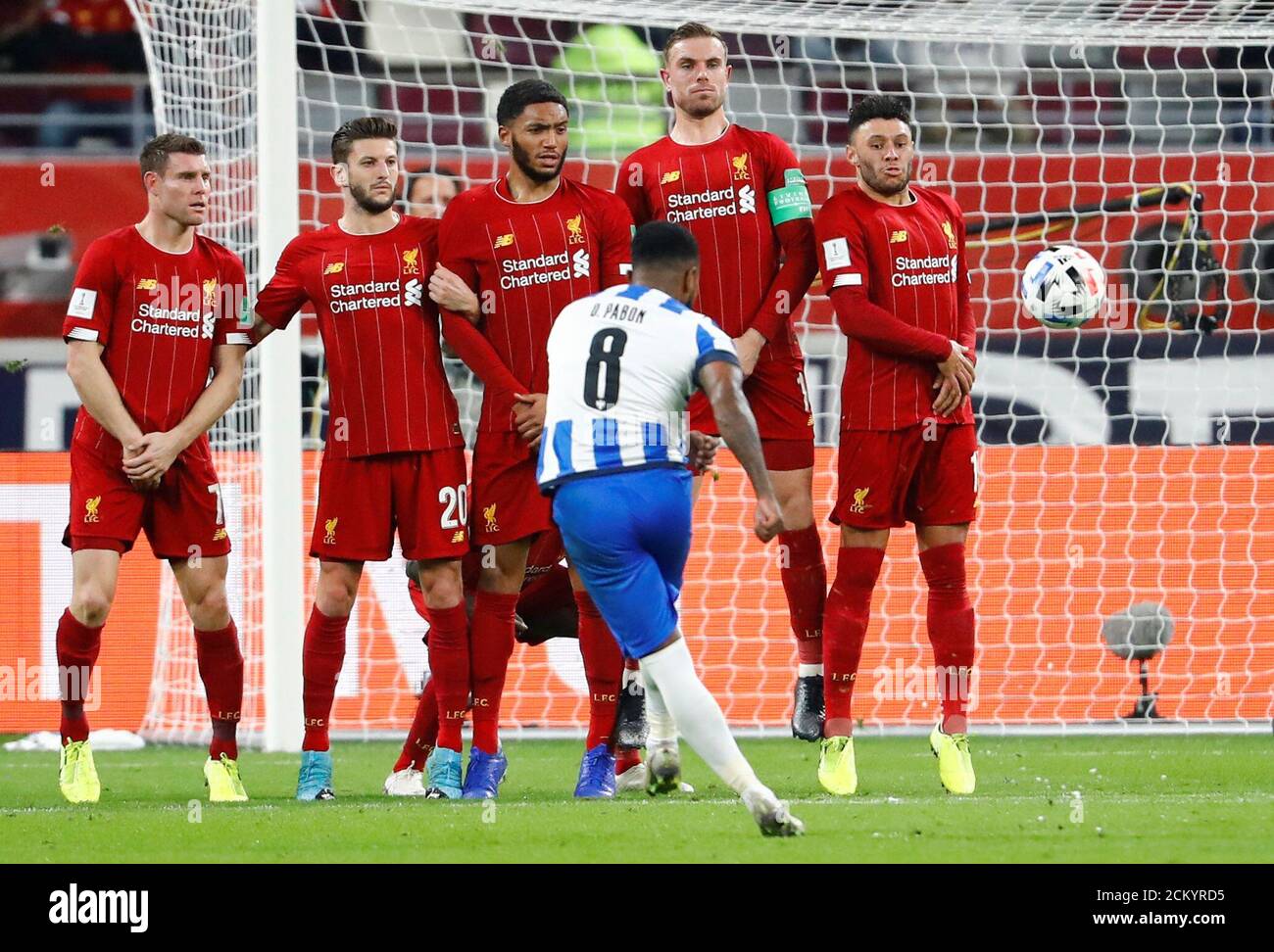 Soccer Football Club World Cup Semi Final Monterrey V Liverpool Khalifa International Stadium Doha Qatar December 18 2019 Liverpool S Jordan Henderson Alex Oxlade Chamberlain And Teammates Form A