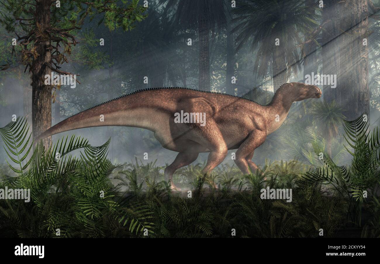 An iguanodon stands in a dense prehistoric forest. One of the best