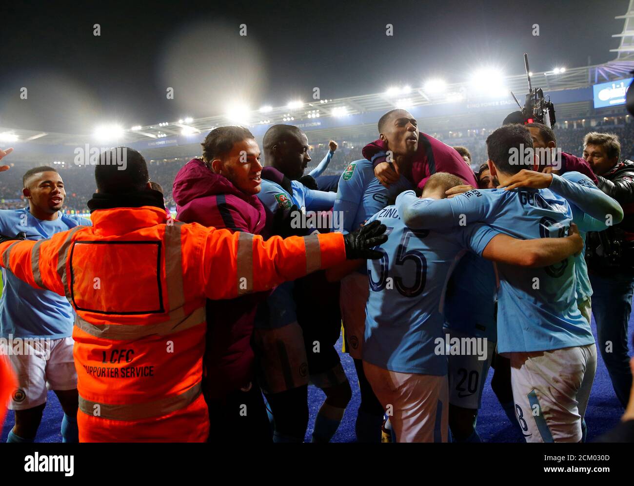 Soccer Football - Carabao Cup Quarter Final - Leicester City vs Manchester City - King Power Stadium, Leicester, Britain - December 19, 2017   Manchester City players celebrate winning the penalty shootout   REUTERS/Darren Staples    EDITORIAL USE ONLY. No use with unauthorized audio, video, data, fixture lists, club/league logos or 'live' services. Online in-match use limited to 75 images, no video emulation. No use in betting, games or single club/league/player publications.  Please contact your account representative for further details. Stock Photo