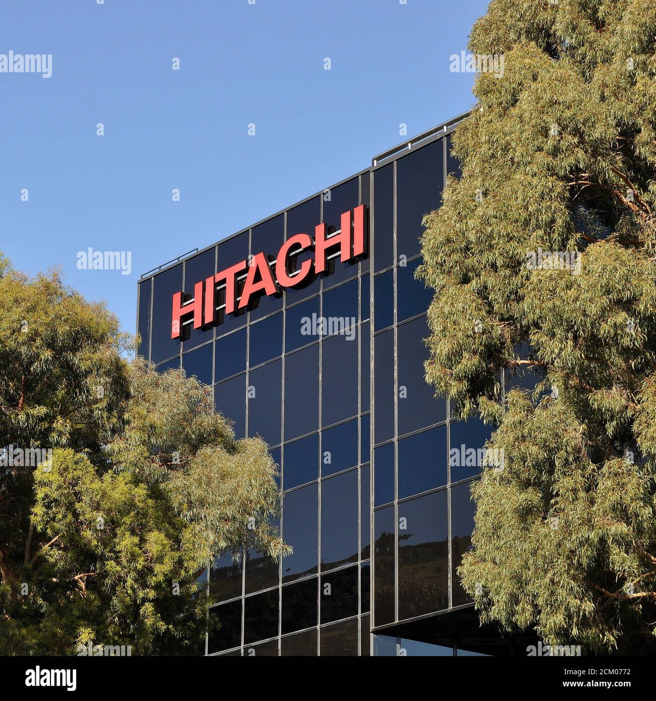 Hitachi sign on building in Sierra Point Business Park, Brisbane, California Stock Photo