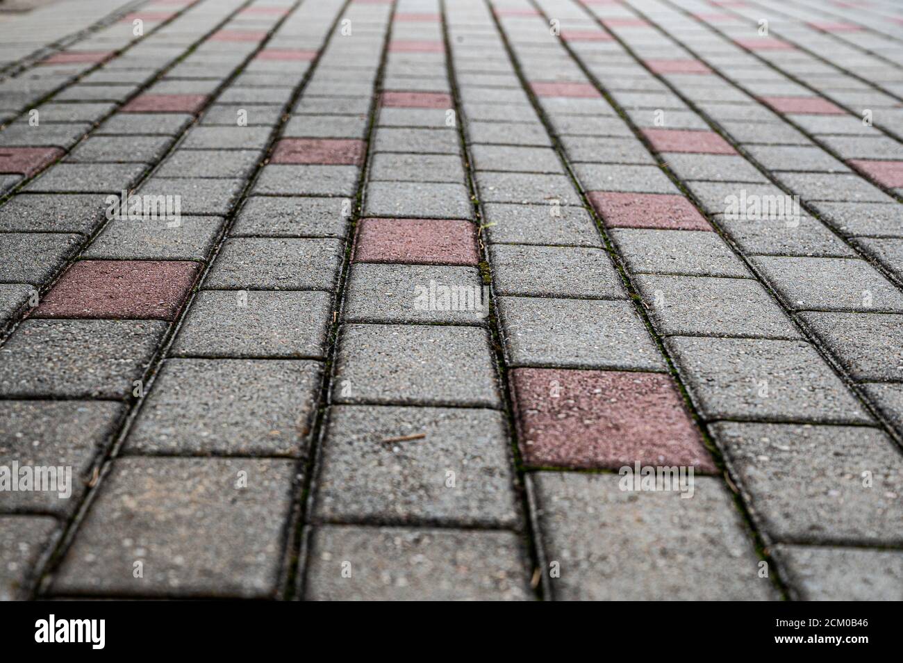 Perspective view of red and gray rectangular stones paved texture background. Stock Photo