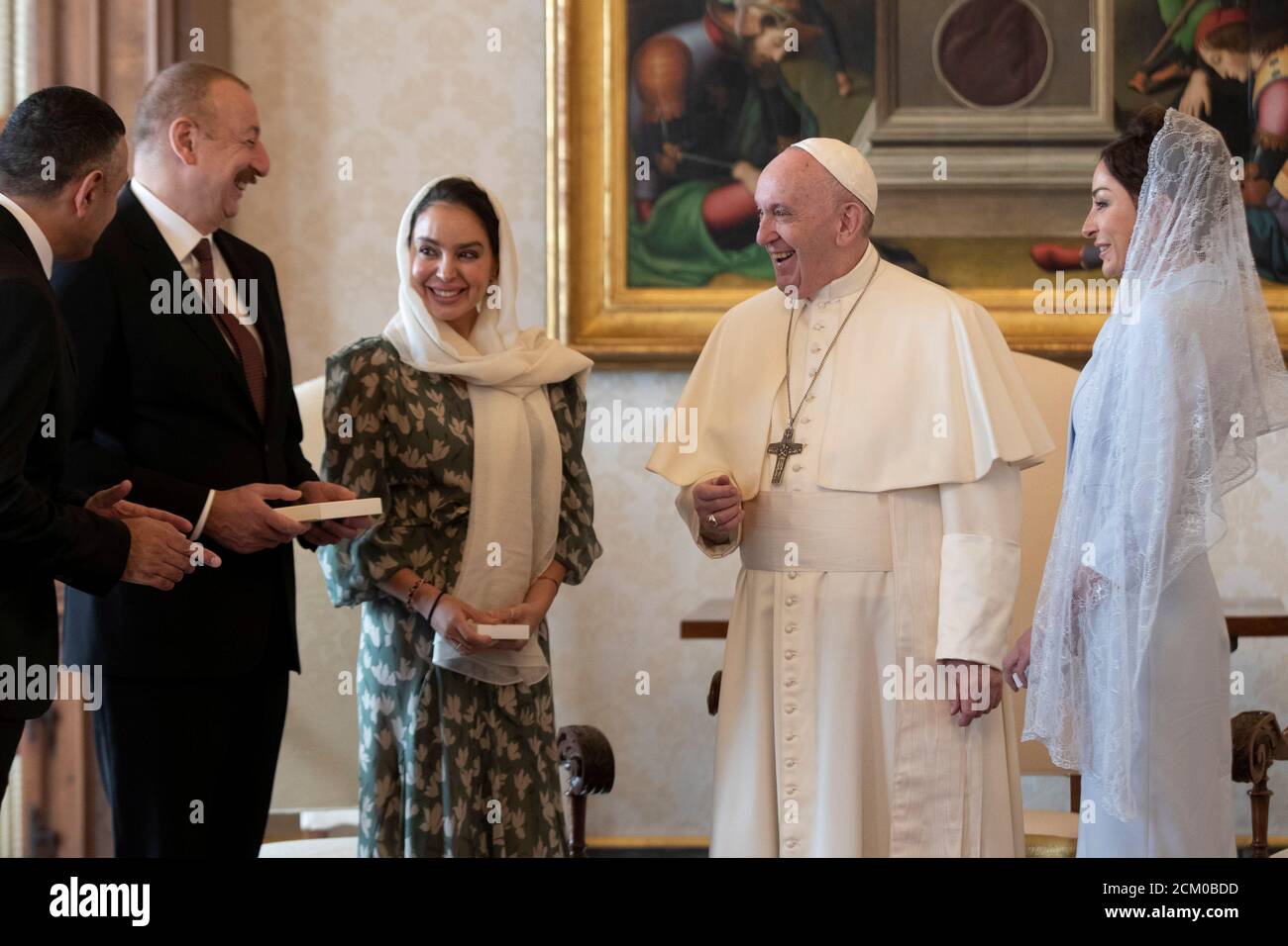 Pope Francis talks with President of Azerbaijan Ilham Aliyev, his daughter Leyla Aliyeva, and his wife Mehriban Aliyeva during a private audience at the Vatican, February 22, 2020. Alessandra Tarantino/Pool via REUTERS Stock Photo