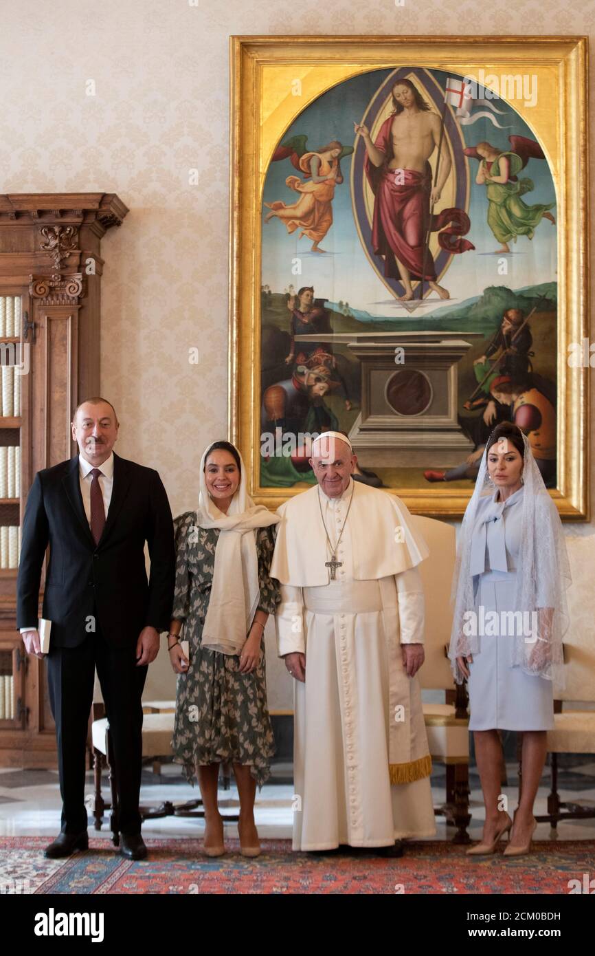 Pope Francis poses for a photo with President of Azerbaijan Ilham Aliyev, his daughter Leyla Aliyeva, and his wife Mehriban Aliyeva during a private audience at the Vatican, February 22, 2020. Alessandra Tarantino/Pool via REUTERS Stock Photo