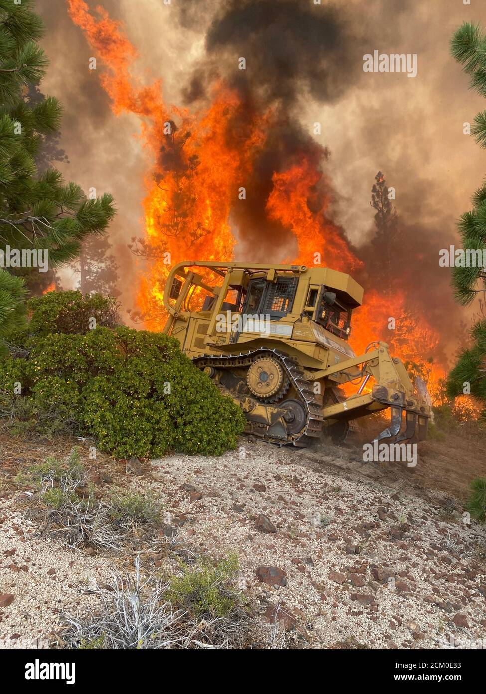 A Bureau of Land Management dozer pushes back against the July Complex Fire caused by lightening inside the Modoc National Forest July 26, 2020 near Canby, California. Stock Photo