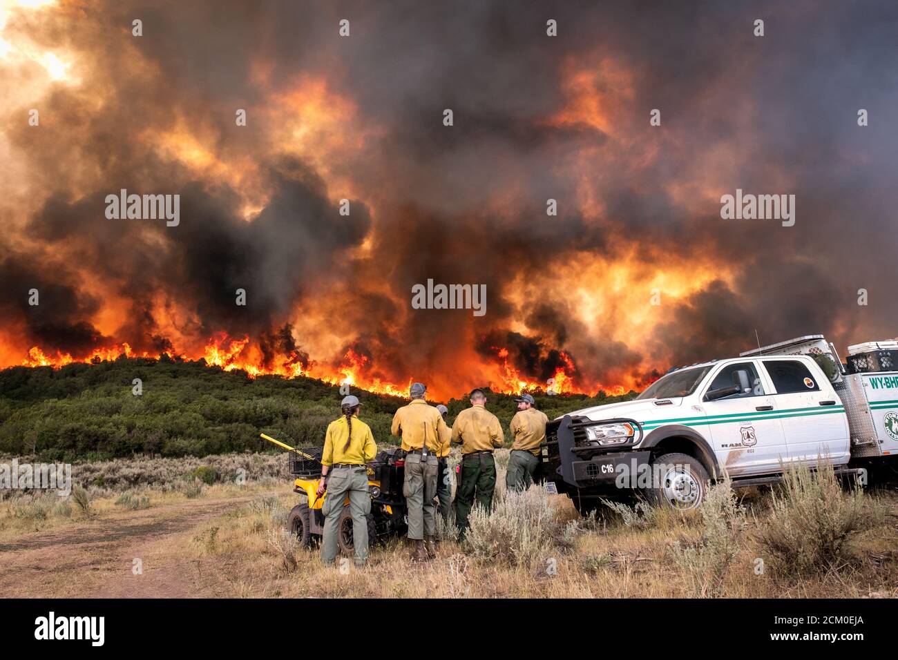 Firefighters watch the intense flames at the Pine Gulch Fire on the Western Slope August 2, 2020 near Grand Junction, Colorado. The wildfire is the largest in the history of Colorado destroying tens of thousands of ranch and wildlife habitats. Stock Photo