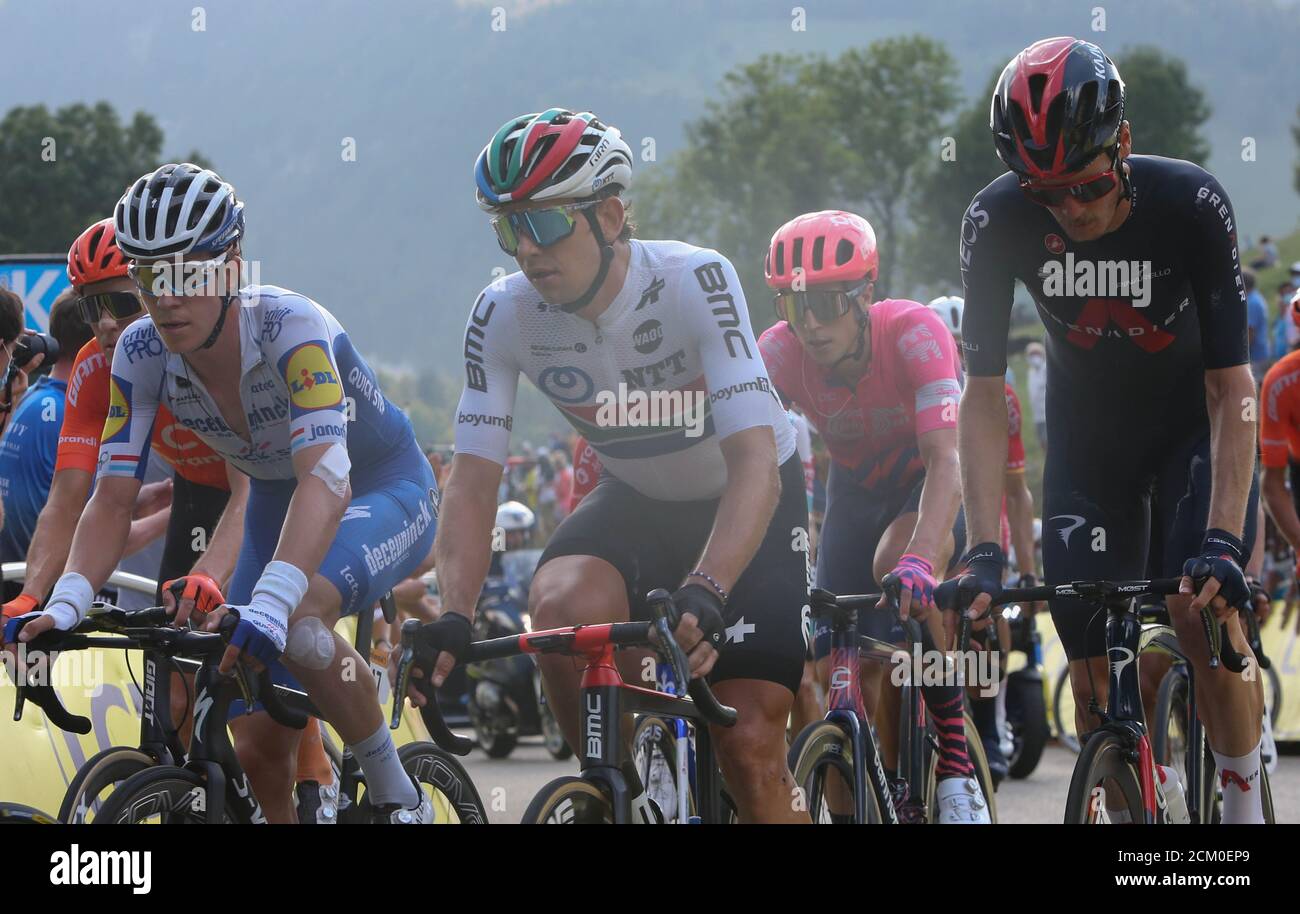 Bob Jungels of Deuceninck - Quick Step ,  Ryan Gibbons of Ntt Pro Cycling Team and Dylan Van Baarle of Ineos - Grenadiers  during the Tour de France 2020, cycling race stage 16, La Tour-Du-Pin - ?Villard-de-Lans (164 km) on September 15, 2020 in Villard-de-Lans, France - Photo Laurent Lairys / MAXPPP Stock Photo