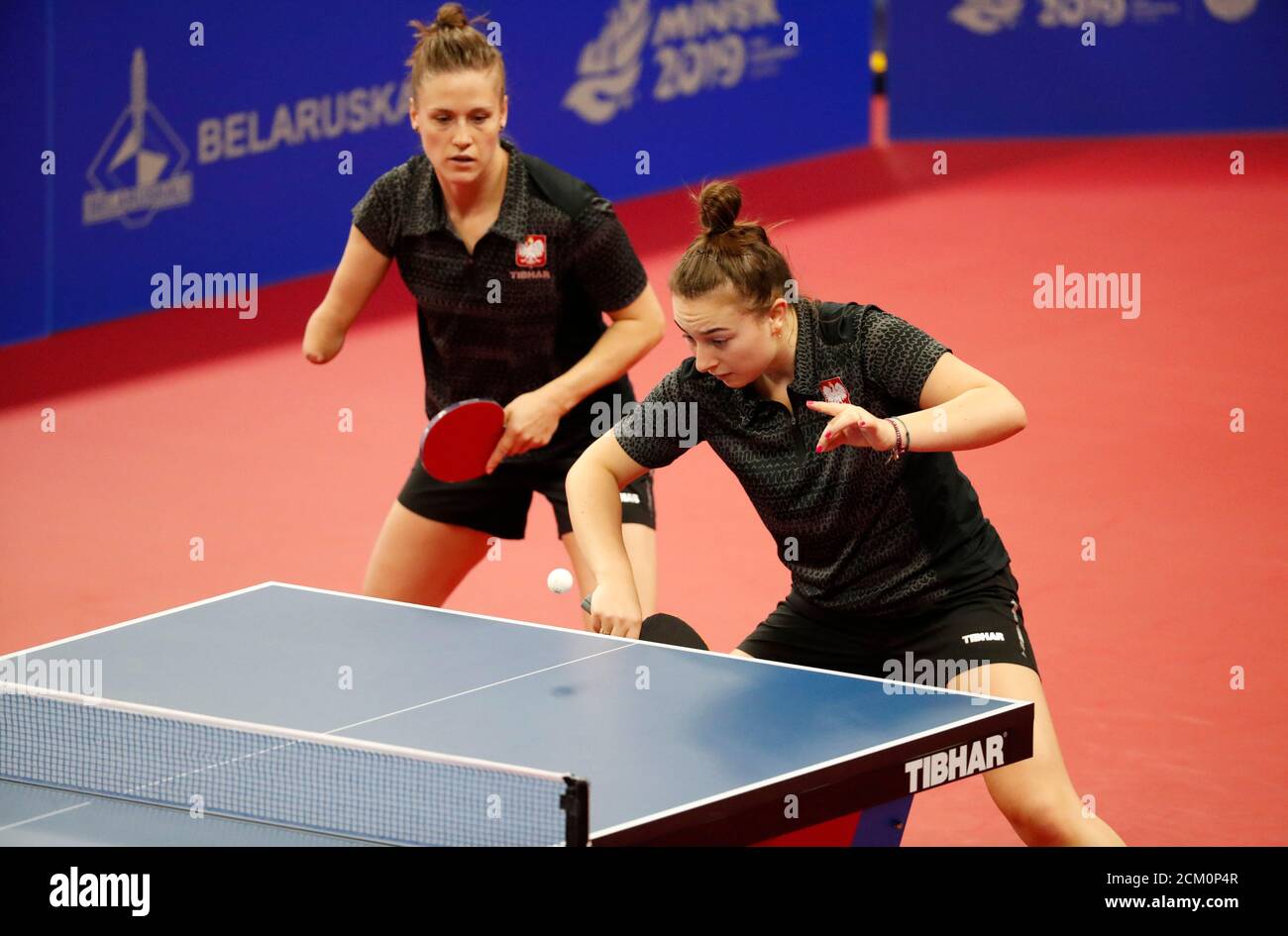 2019 European Games - Table Tennis - Women's Team - Tennis Olympic Centre,  Minsk, Belarus - June 29, 2019. Poland's Natalia Partyka and Natalia Bajor  in action during match one of the