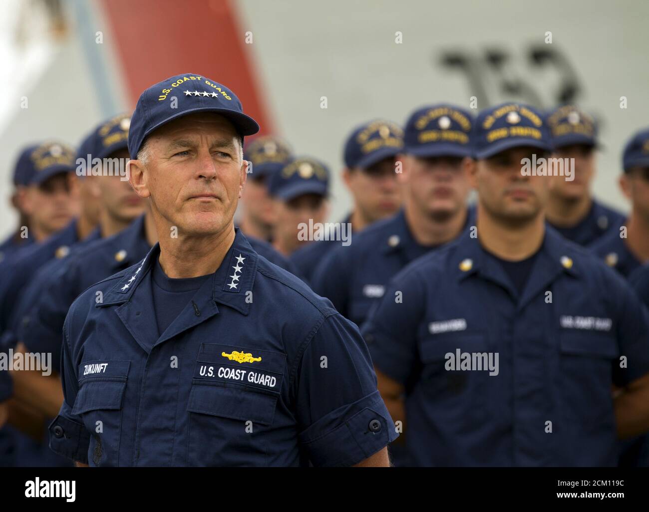 U.S. Coast Guard Commandant Admiral Paul Zukunft stands in front of the crew of the Coast Guard Cutter Stratton after announcing 66,000 pounds of cocaine worth $1.01 billion wholesale was seized in the Eastern Pacific Ocean upon the ship's arrival in San Diego, California August 10, 2015. Zukunft, announced the Coast Guard and partner agencies had seized more cocaine in the Eastern Pacific Ocean in the last 10 months than in fiscal years 2012 through 2014 combined.   REUTERS/Mike Blake Stock Photo