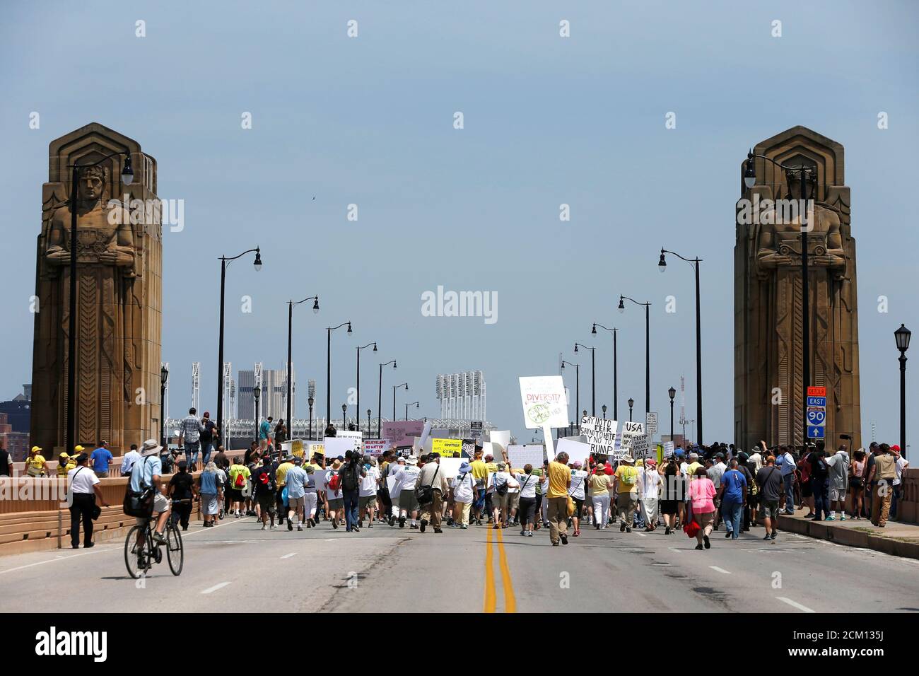 Demonstrators cross the Hope Memorial Bridge during an anti-Trump protest to coincide with the Republican National Convention in Cleveland, Ohio, U.S., July 21, 2016.  REUTERS/Andrew Kelly Stock Photo