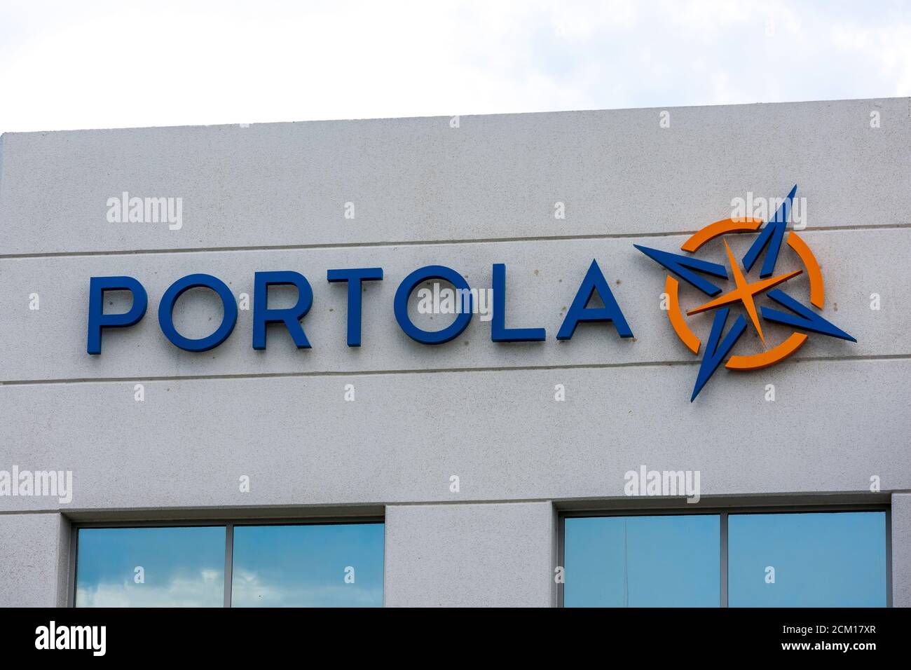 Portola Pharmaceuticals sign and logo. Portola Pharmaceuticals is an American clinical stage biotechnology company - South San Francisco, California, Stock Photo
