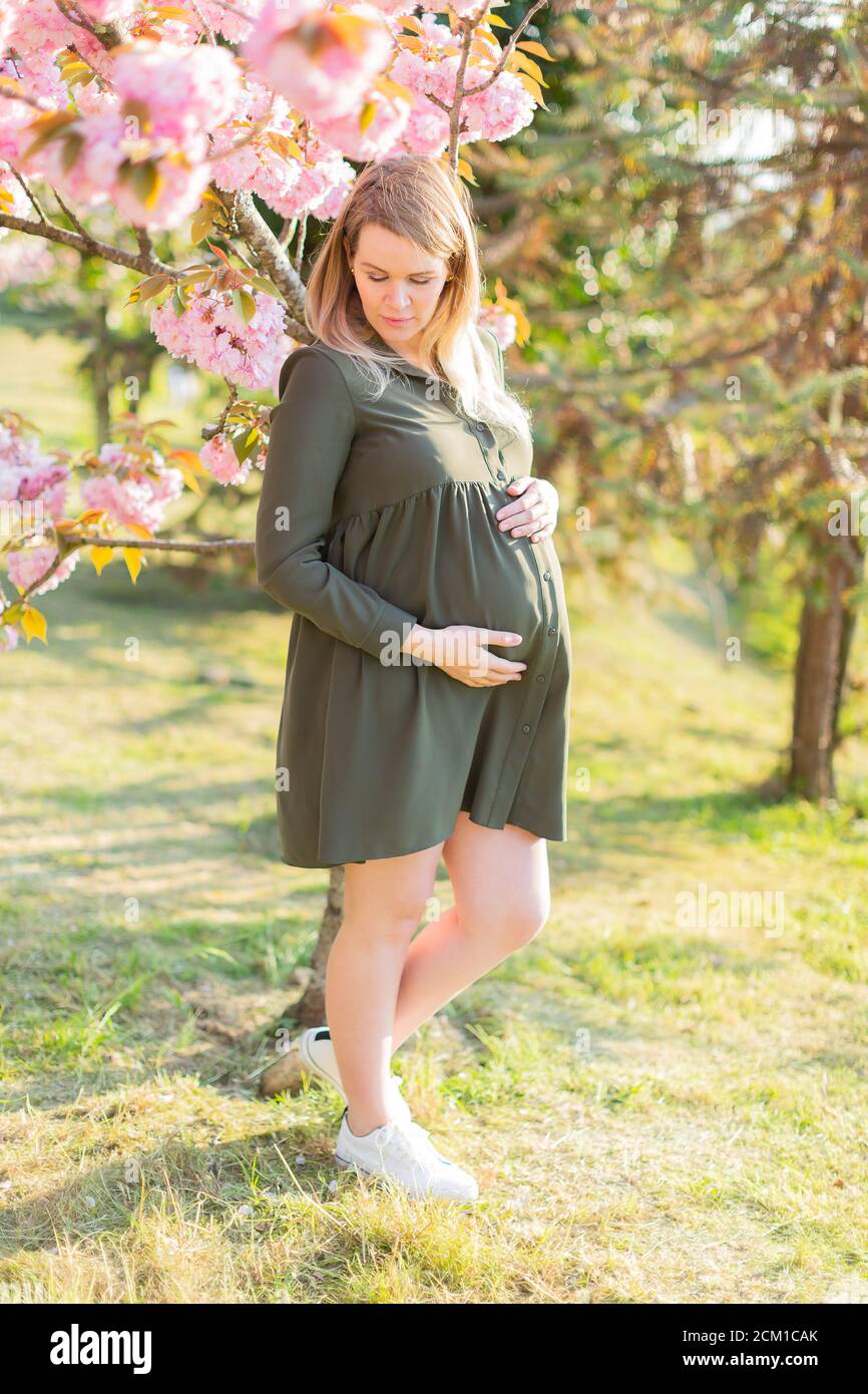 Gentle pregnant woman in the park at spring with cherry blossom trees ...