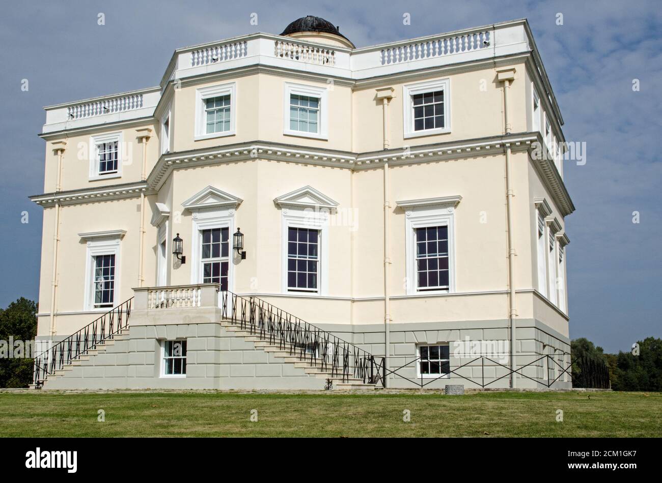 Exterior facade of the historic King's Observatory in the middle of Old Deer Park in Richmond Upon Thames, West London.  Built for King George III to Stock Photo
