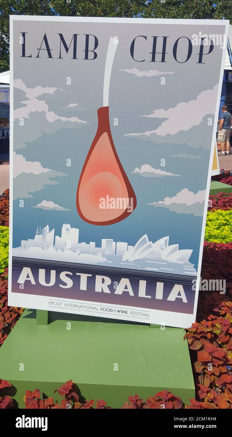 A poster representing Australia and their well-known lamb chops at Epcot International Food & Wine Festival, Walt Disney World Resort, Orlando, USA Stock Photo