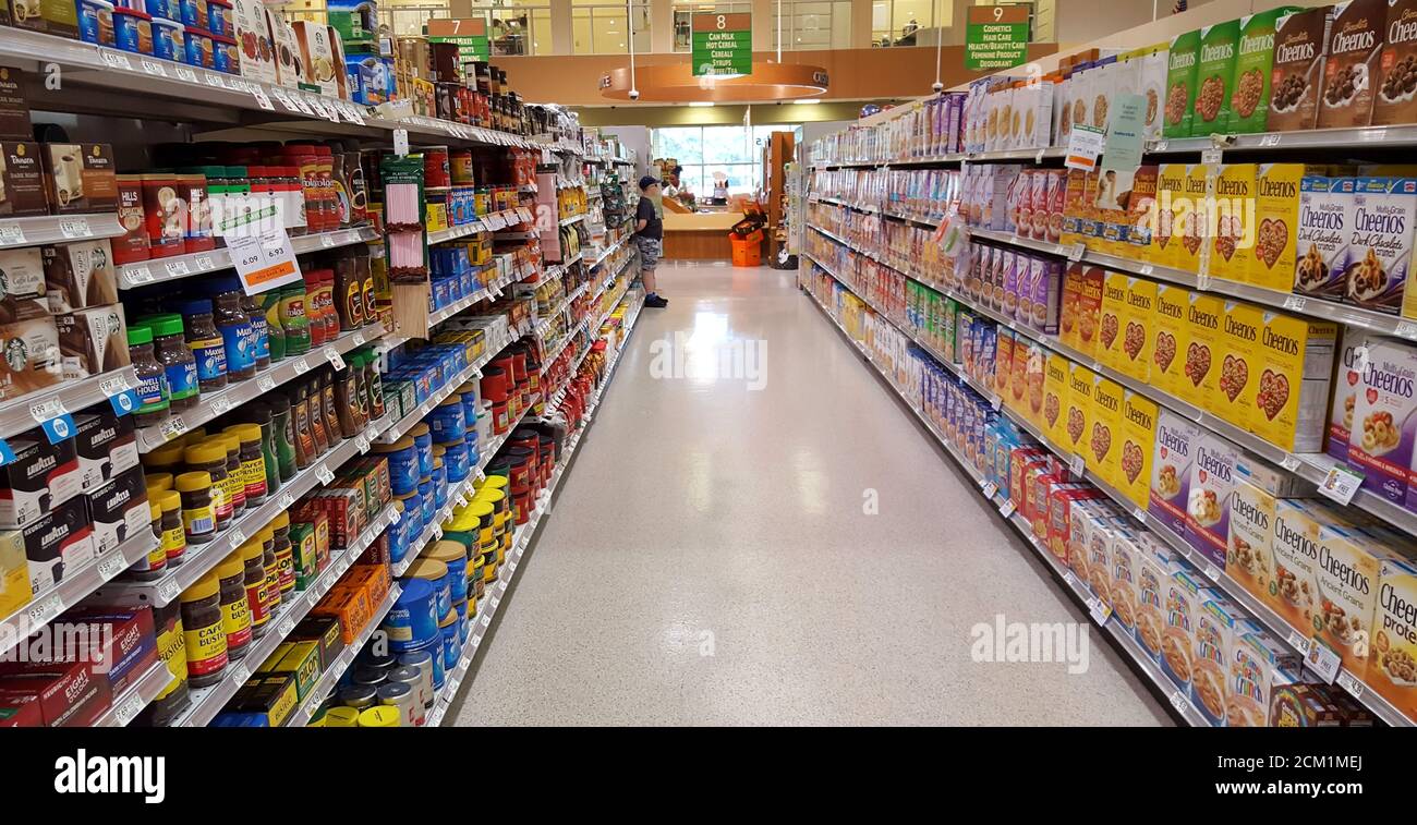 Breakfast cereal and coffee aisle in an American supermarket store, Orlando, Florida. Stock Photo
