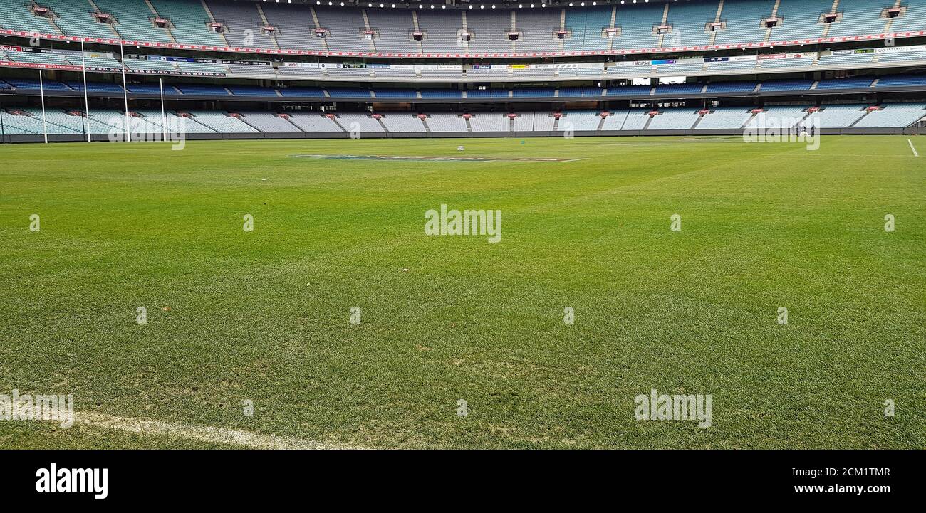 The MCG (Melbourne Cricket Ground) playing surface and empty stadium with no events on, Melbourne, Victoria, Australia Stock Photo