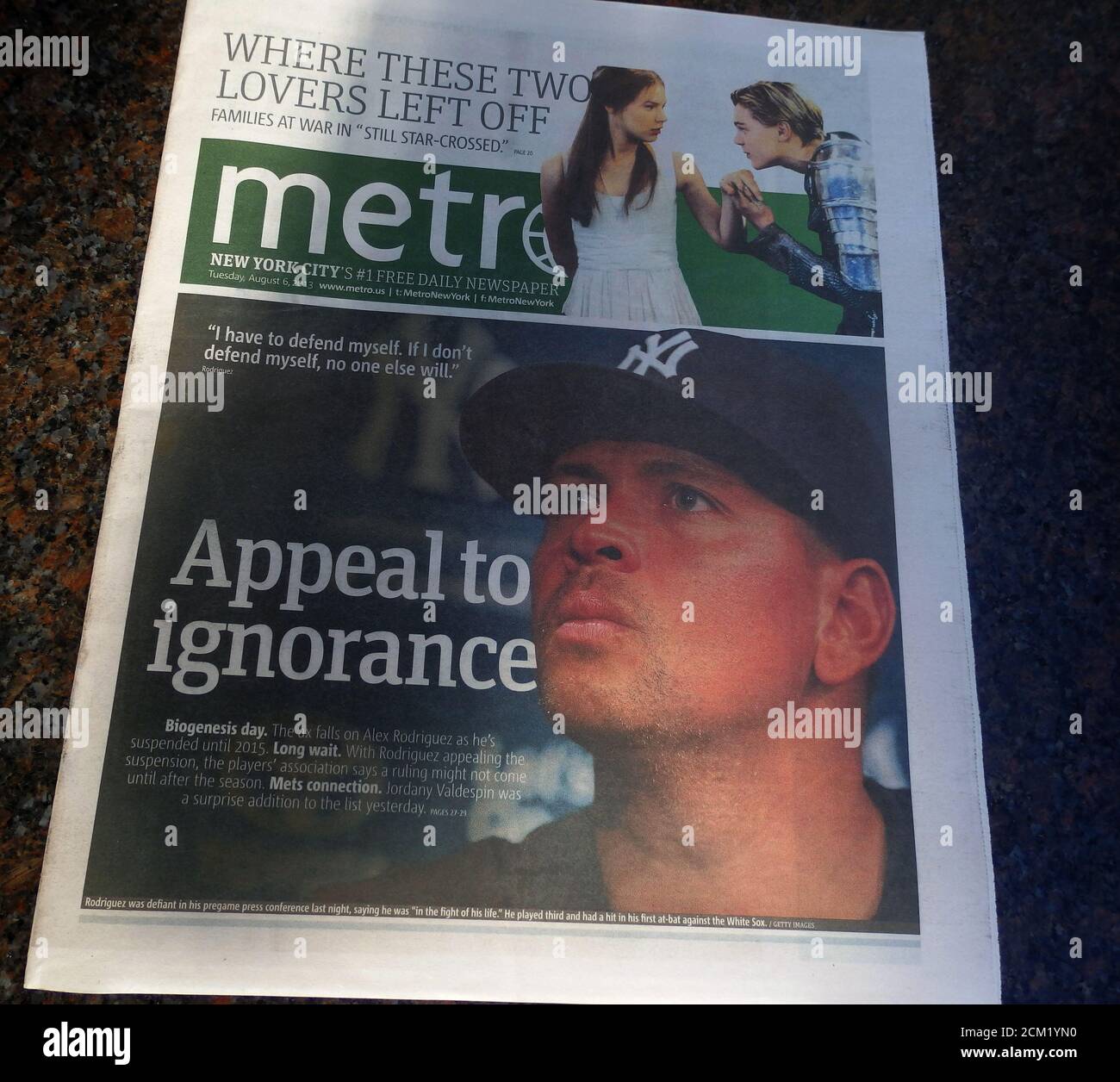 The front page of the Metro New York City Newspaper on August 6, 2013. The Alex Rodriguez doping scandal, New York City, United States Stock Photo