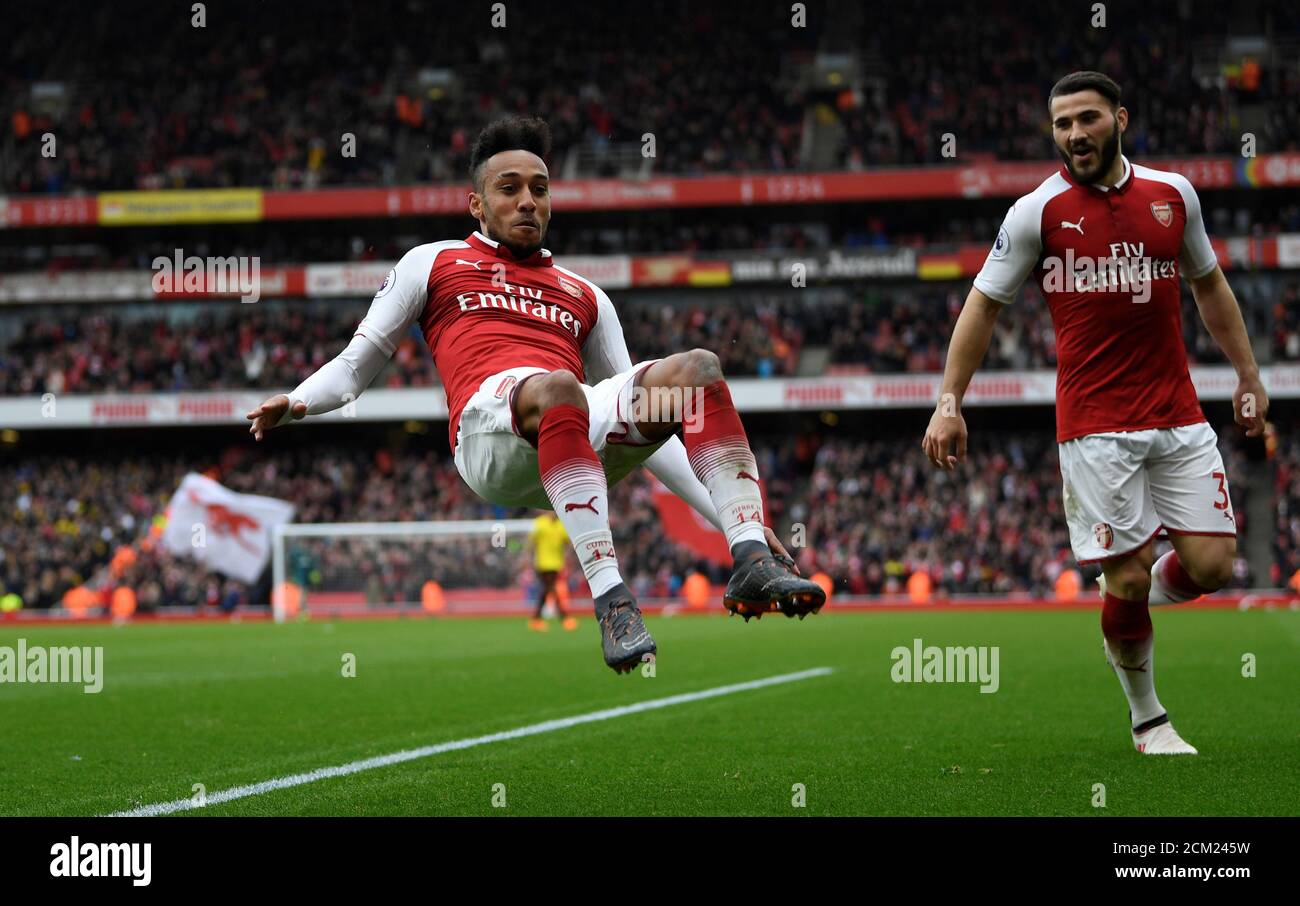 Soccer Football - Premier League - Arsenal vs Watford - Emirates Stadium, London, Britain - March 11, 2018   Arsenal's Pierre-Emerick Aubameyang celebrates scoring their second goal            Action Images via Reuters/Tony O'Brien    EDITORIAL USE ONLY. No use with unauthorized audio, video, data, fixture lists, club/league logos or 'live' services. Online in-match use limited to 75 images, no video emulation. No use in betting, games or single club/league/player publications.  Please contact your account representative for further details. Stock Photo