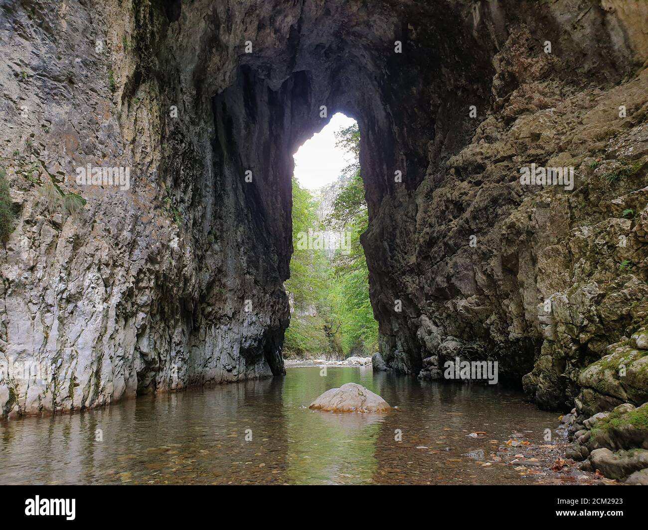 Cheile Rametului gorges wild natural park river area. Waterfall on ...
