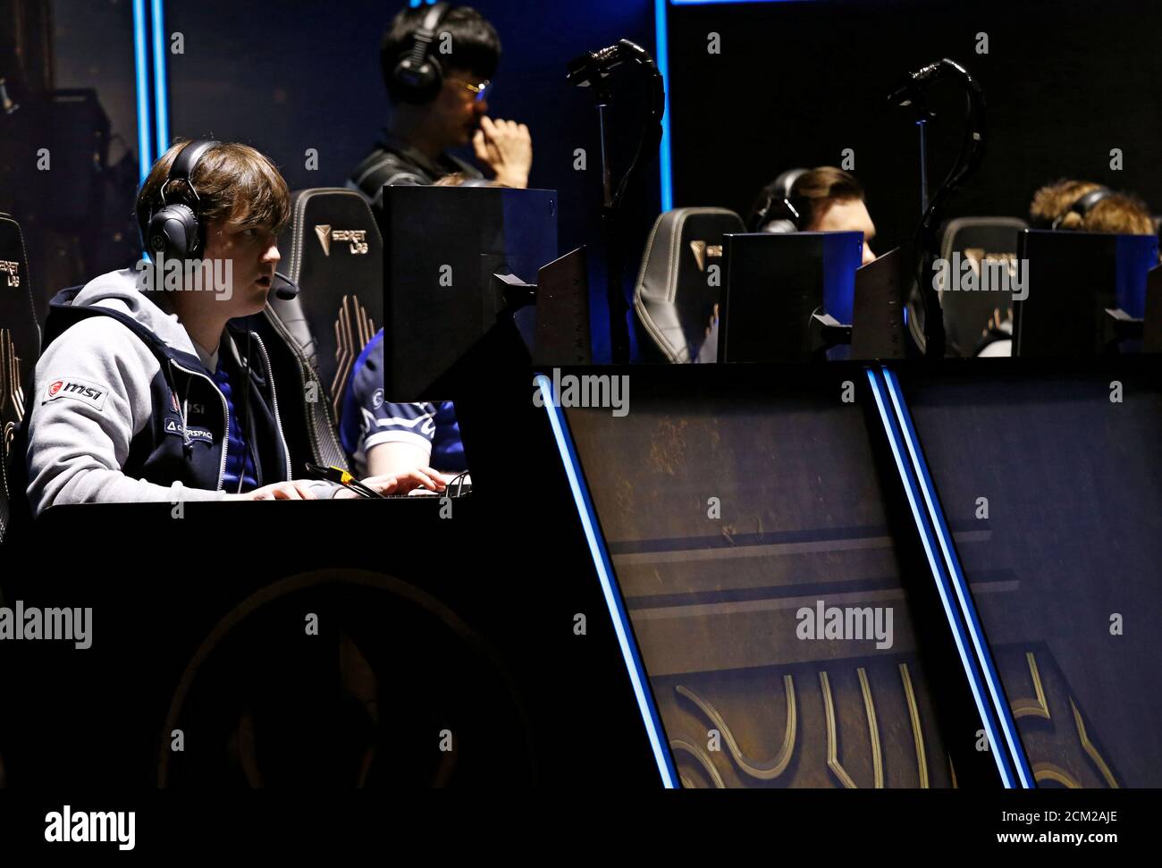Members of Squadron battle against Phong Vu during the League of Legends (LOL) Mid-Season Invitational 2019 play-in group stage, in GG Stadium, Ho Chi Minh, 7, 2019. REUTERS/Kham