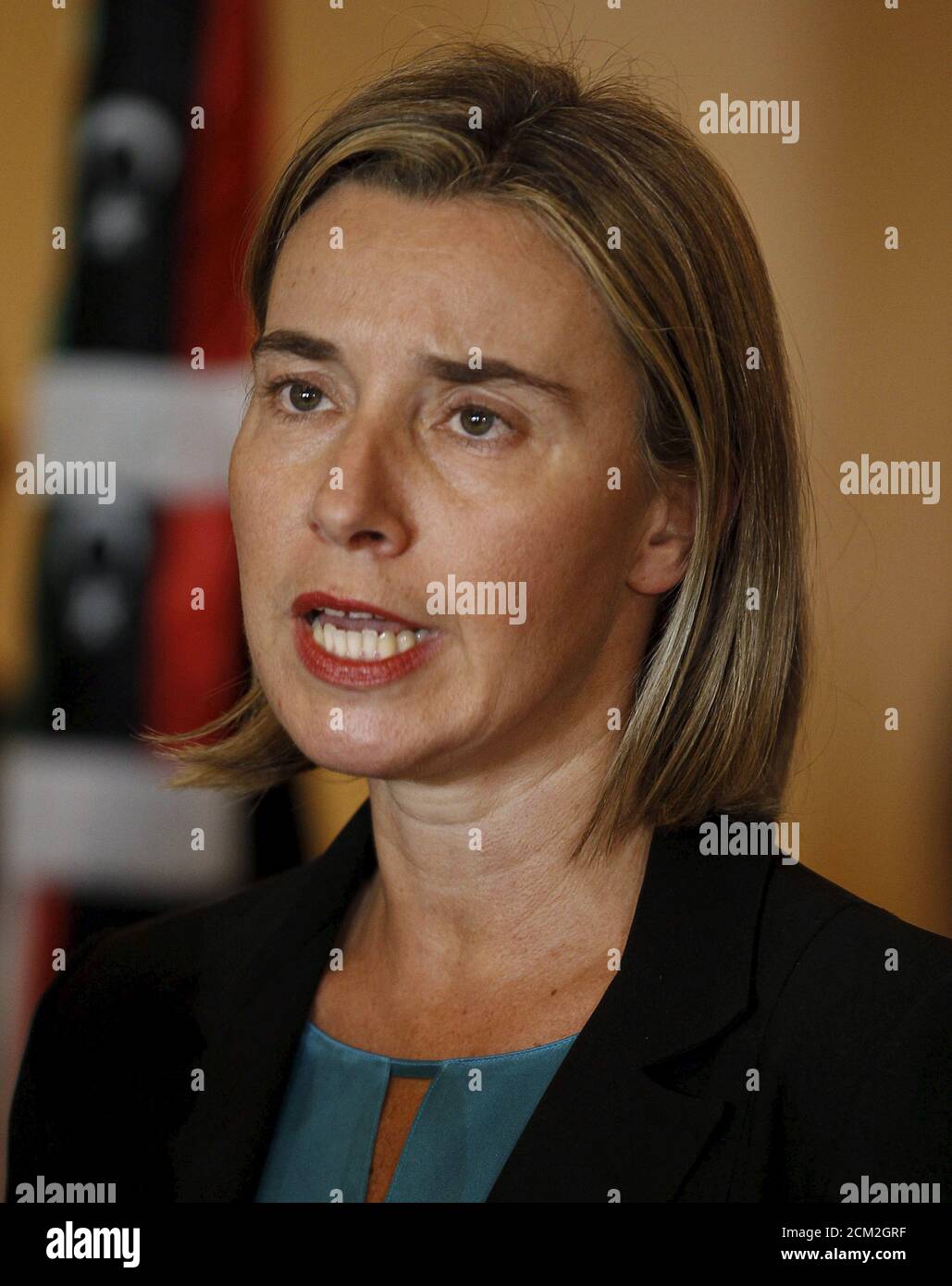 European Union foreign policy chief Federica Mogherini speaks during a news conference with Libyan prime minister-designate under a proposed National Unity government Fayez Seraj in Tunis, Tunisia January 8, 2016.    REUTERS/Zoubeir Souissi Stock Photo