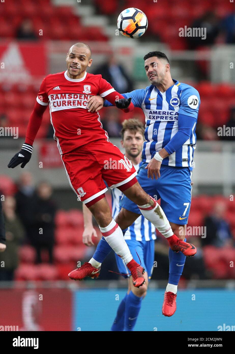 Soccer Football - FA Cup Fourth Round - Middlesbrough vs Brighton & Hove Albion - Riverside Stadium, Middlesbrough, Britain - January 27, 2018   Middlesbrough's Martin Braithwaite in action with Brighton's Beram Kayal   REUTERS/Scott Heppell Stock Photo