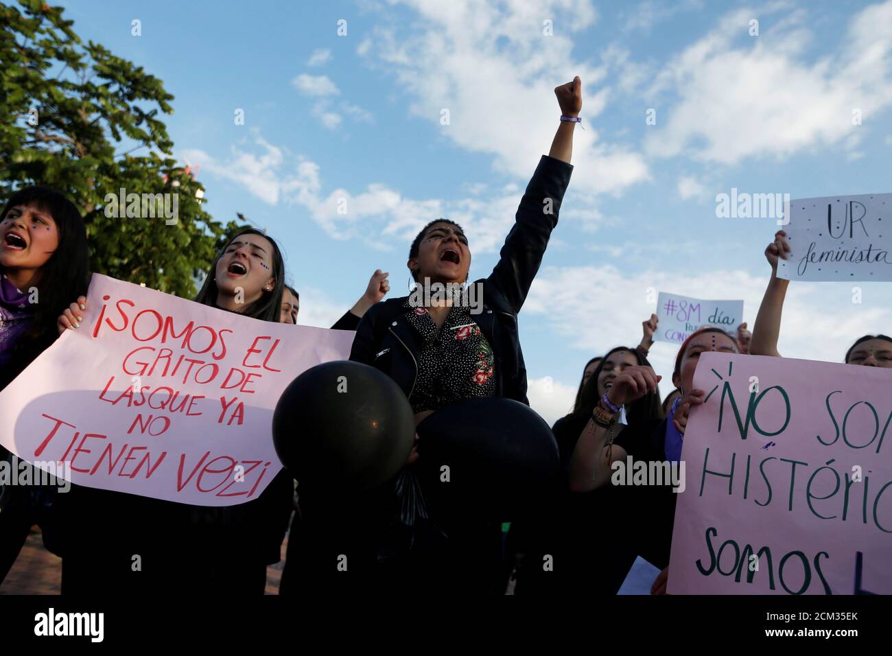 A woman holds up a placard that reads 'We are the cry of those who have no voice' during a march to mark International Women's Day in Bogota, Colombia March 8, 2019. REUTERS/Luisa Gonzalez Stock Photo