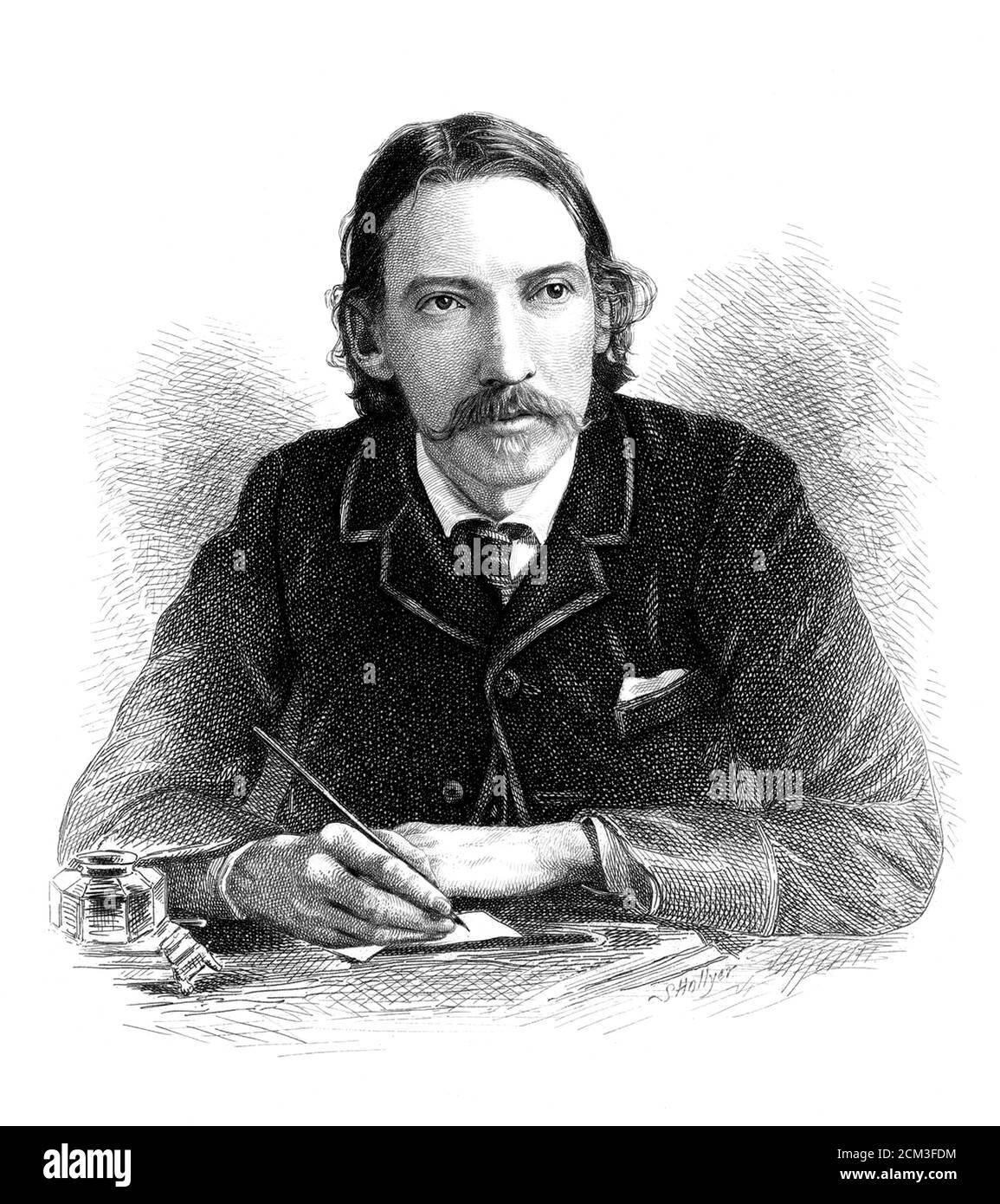 1885 c. , GRAND BRETAGNA : The scotish famous writer ROBERT LOUIS STEVENSON ( 1850 - 1894 ). Engraved portrait by S. Hollyer , from a photograph taken by James Notman ( 1849 - 1932 ). - HISTORY - FOTO STORICHE - portrait - SCRITTORE - WRITER - LETTERATURA - LITERATURE - ILLUSTRAZIONE - ILLUSTRATION - INCISIONE --- ARCHIVIO GBB Stock Photo