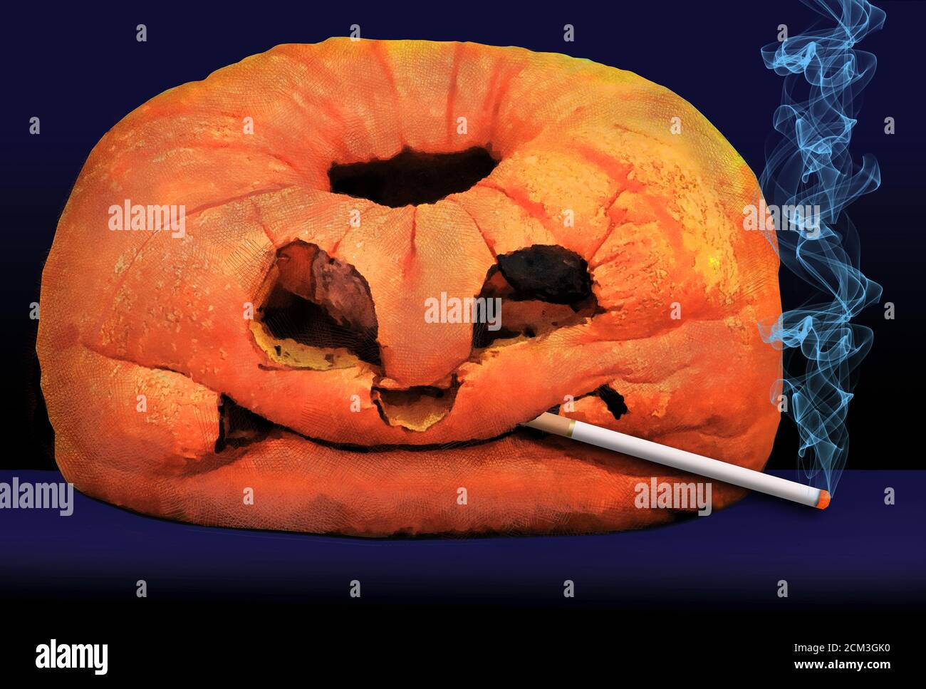 A jack-o-lantern that is old and rotting is seen smoking a cigarette Stock  Photo