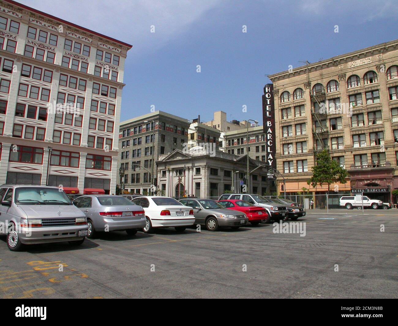 Los Angeles, California, USA - August 2002:  Archival view of historic buildings at the corner of 4th Street and Main Street in downtown Los Angeles. Stock Photo