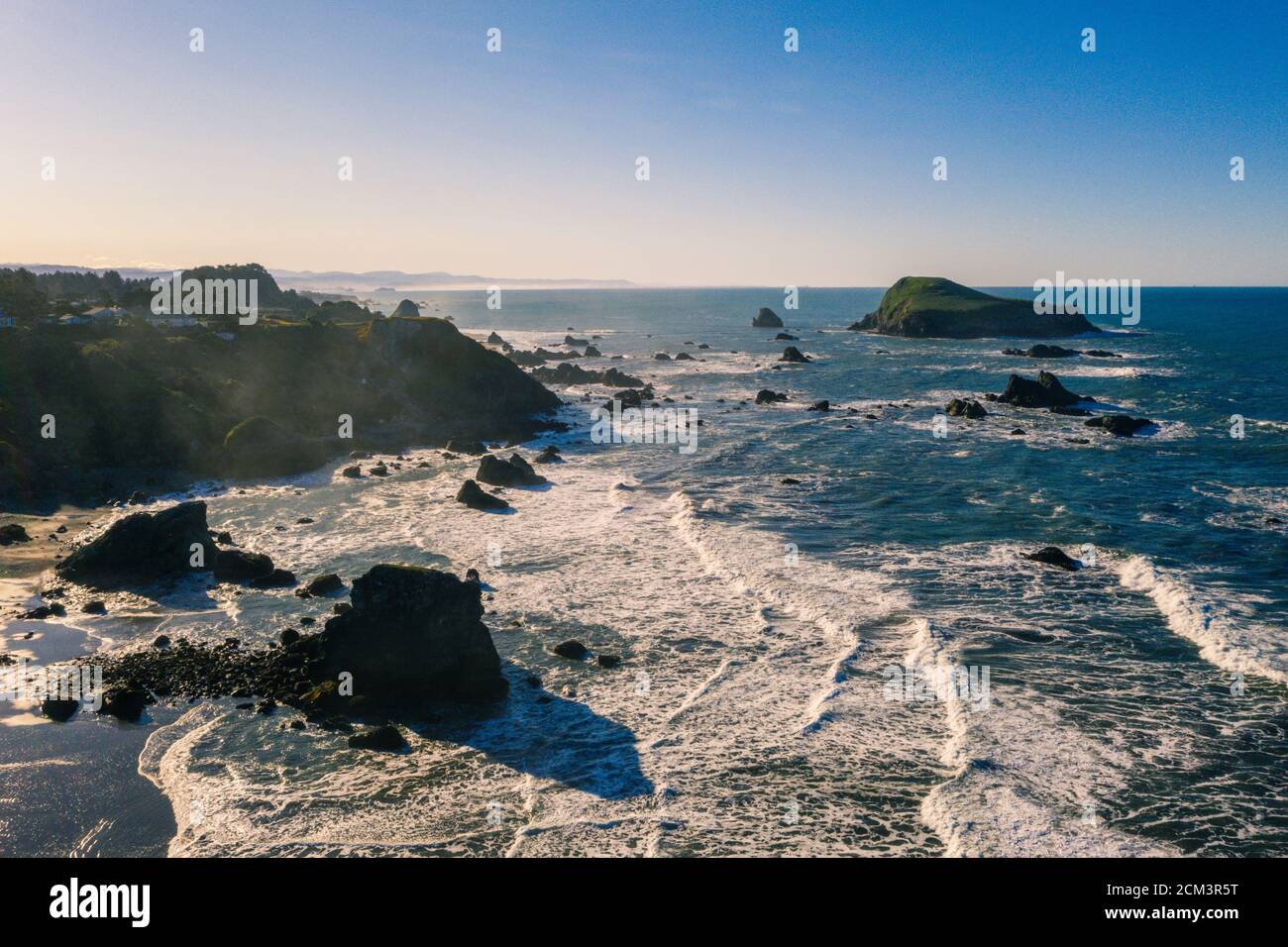 Aerial of Harris Beach in Brookings Oregon during daytime Stock Photo